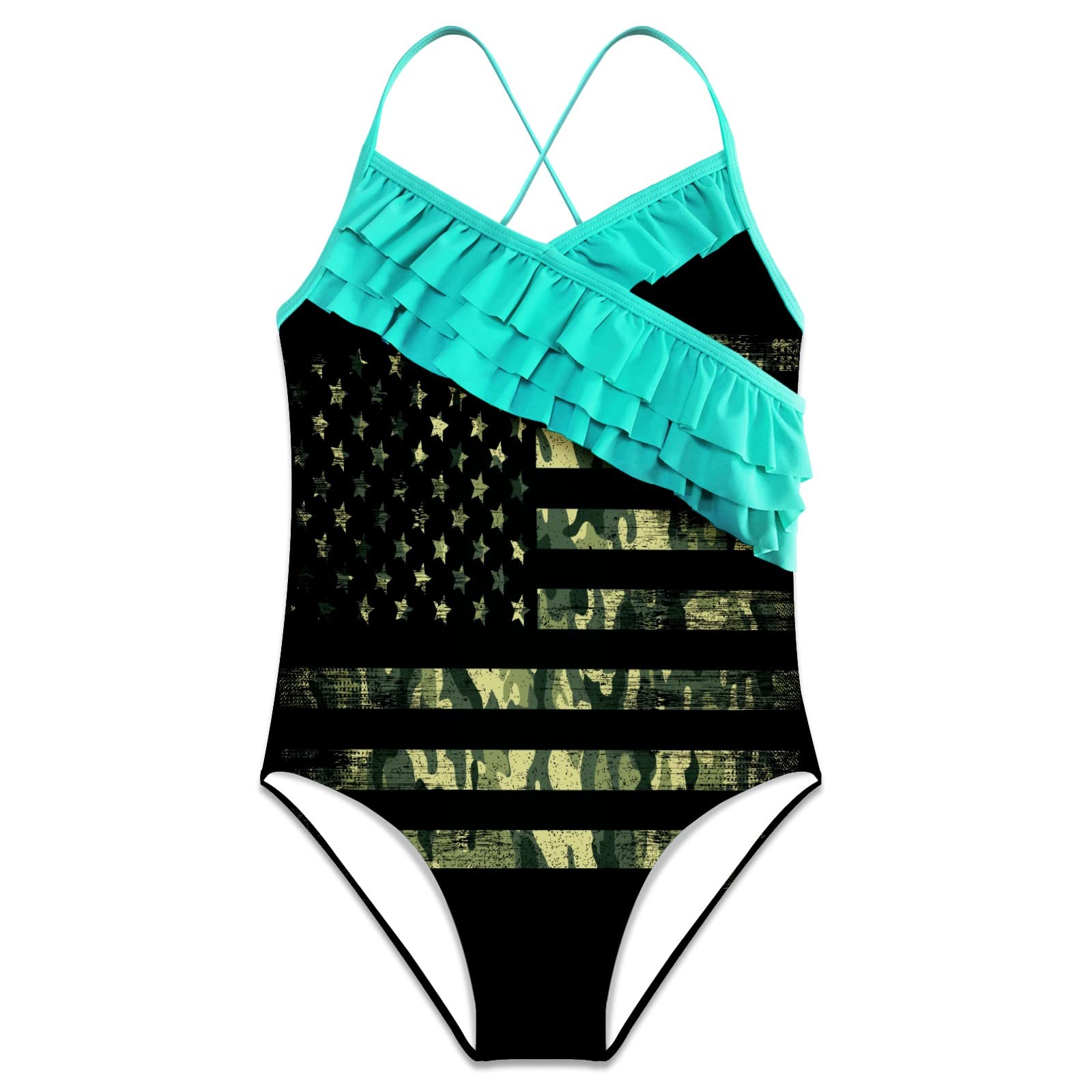 Girls One Piece Swimsuits - Hawaiian Ruffle Swimwear with American Flag Print for Beach, Pool & Summer Vacation