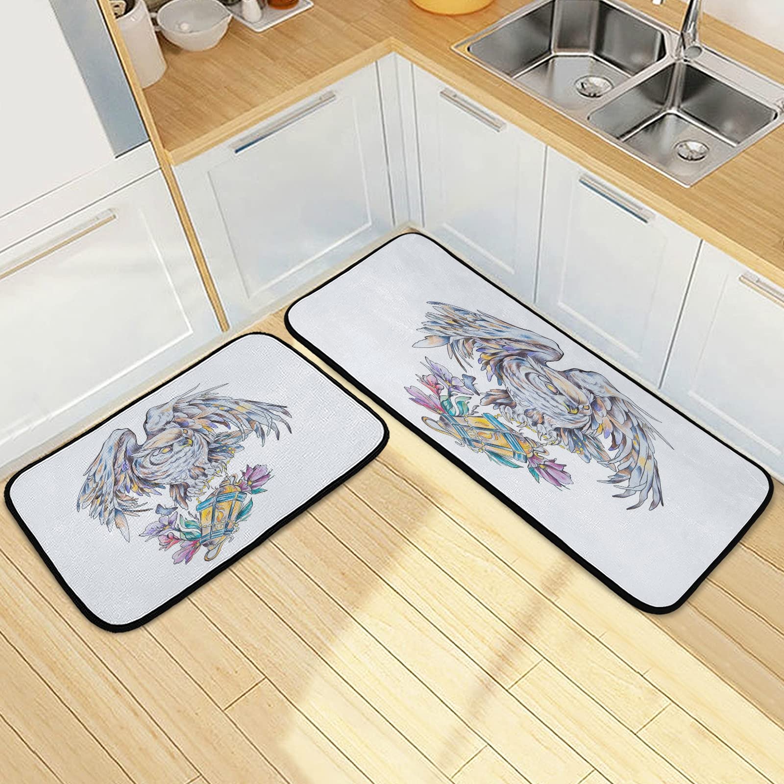 Wise Owl Non-Slip Kitchen Rugs Set of 2 - Washable Anti-Fatigue Bathroom Floor Mats & Doormat (27