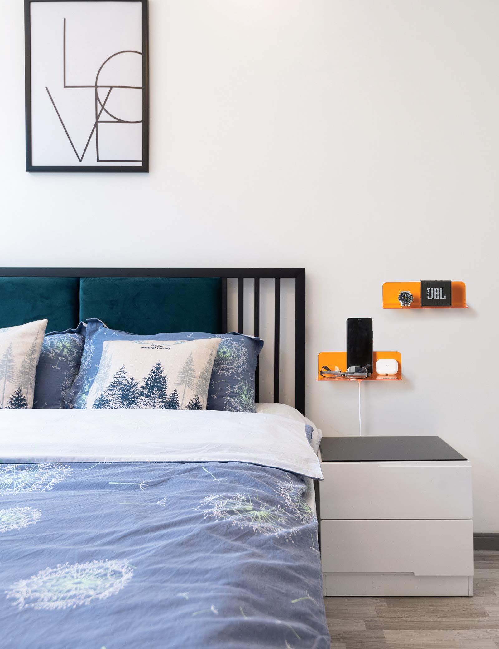 OAPRIRE Set of 2 Small Acrylic Floating Wall Shelves - 9 Inch Adhesive Display Shelf for Security Cameras, Smart Speakers, Action Figures - Includes Cable Clips - Clear Orange - Perfect for Home Office, Living Room, and Bedroom Organization