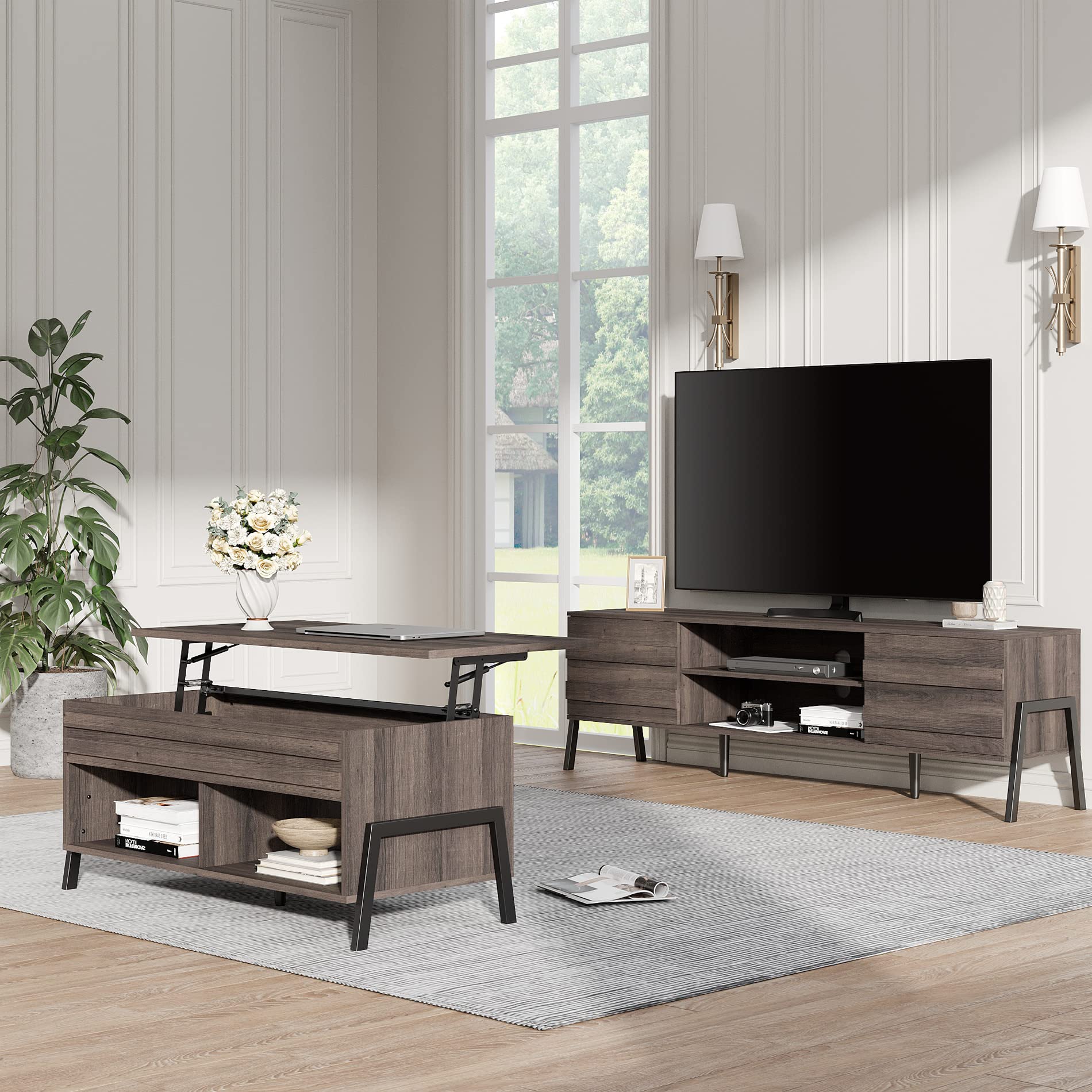WAMPAT 2-Piece Lift Top Coffee Table Set with Storage for Living Room & Bedroom - Espresso Finish