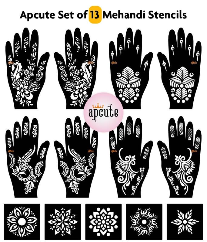 Apcute 13-Piece Henna Tattoo Stickers Set | Full Hand Temporary Mehandi Stencils for Women & Girls | Easy 4-Step Application | Perfect for Weddings, Festivals & DIY Body Art