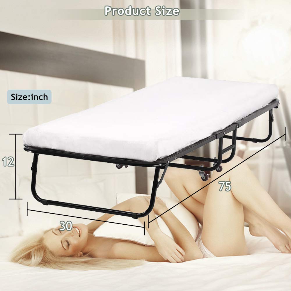 **DKELI Folding Camping Cot with Mattress - Heavy Duty 330Lbs Capacity, Portable Twin Size Rollaway Bed on Wheels for Adults & Kids - Perfect for Camping, Guest Rooms, and Emergency Use (White)**
