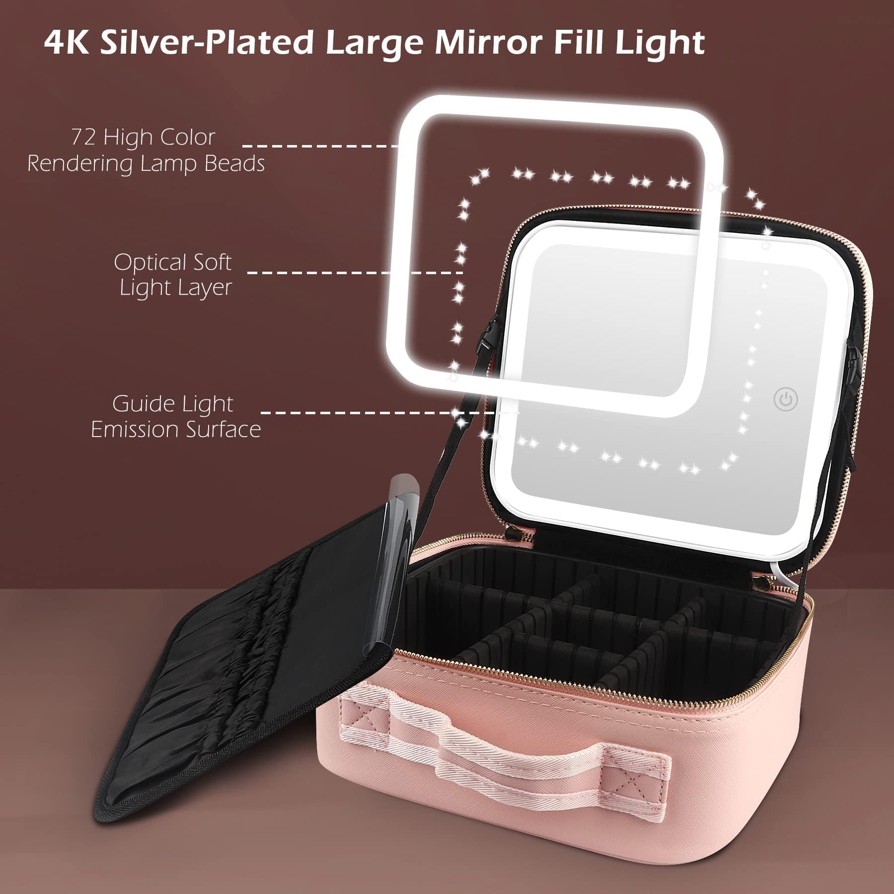 MOMIRA Professional Makeup Train Case with LED Light & Magnifying Mirror - Large Cosmetic Organizer with Double-Sided 1X/10X Foldable Mirror, Pink Jewelry Storage Box - Perfect for Travel, Salon, and Home Vanity Organization