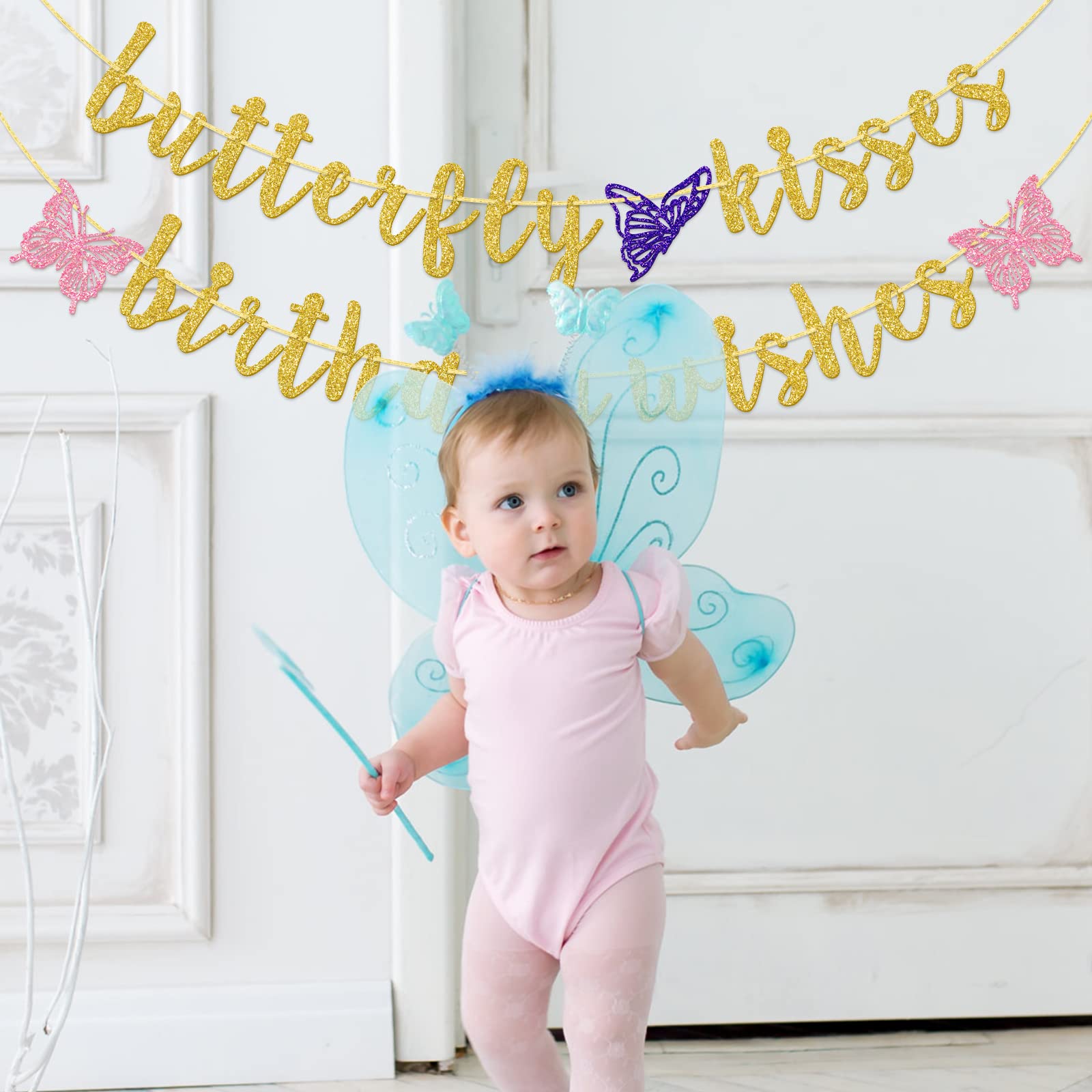 Butterfly Kisses Birthday Banner - Gold Butterfly First Birthday Party Decorations for Girls, Baby Shower & Birthday Celebrations - Perfect for Wall Decor, Party Backdrops & Photo Booths