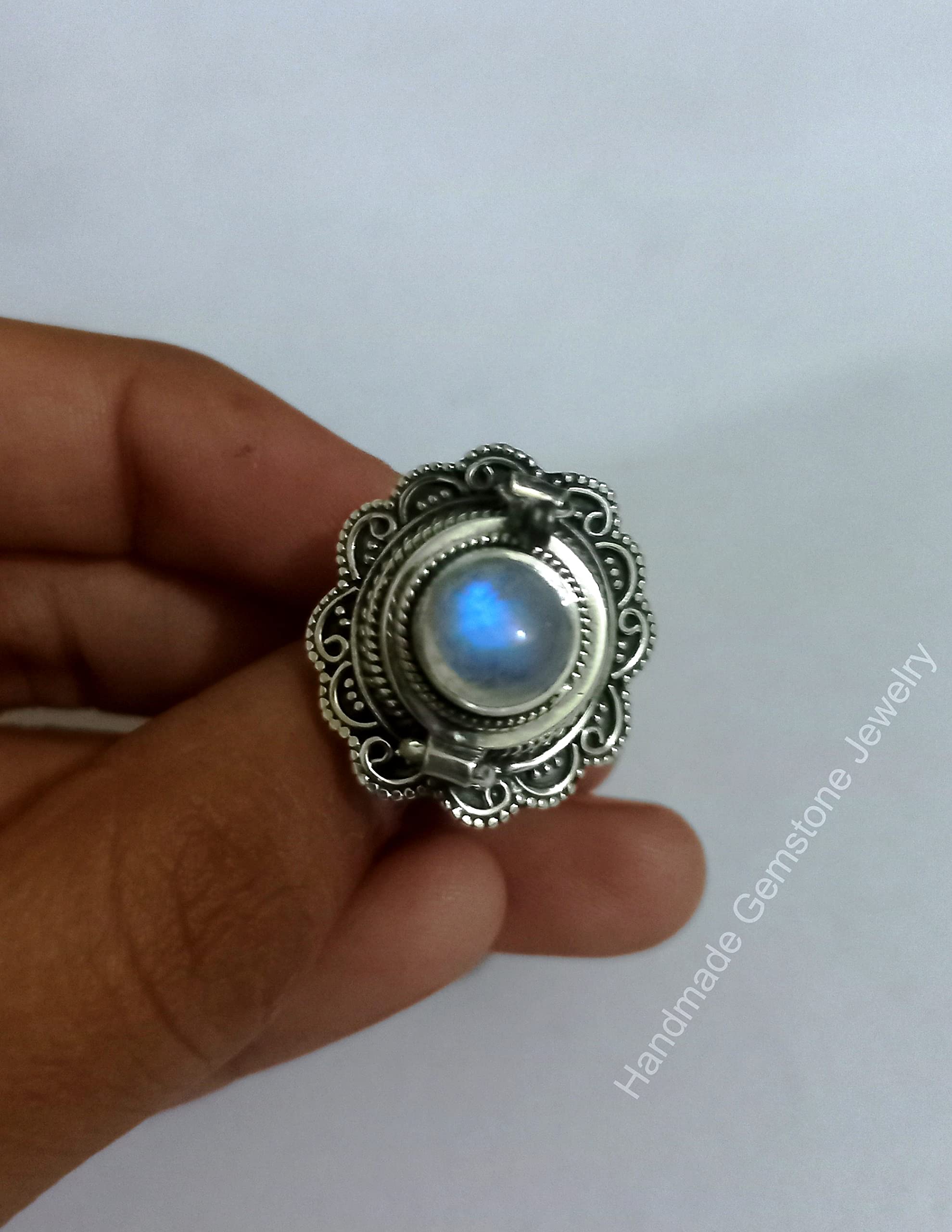 Rainbow Moonstone Poison Box Ring - Blue Flash Moonstone Gemstone Jewelry, Handmade Openable Designer Ring for Women, Unique Christmas Gift for Her, Perfect for Parties, Engagements & Special Occasions