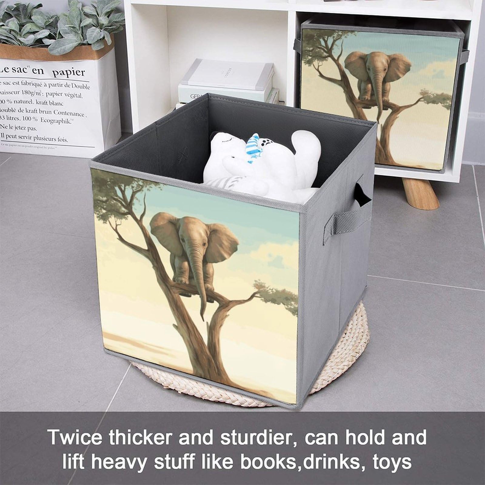 Collapsible Waterproof Storage Cube Bins with Handles - 6 Pack Organizer Baskets for Home, Closet, Office & Bedroom - Elephant Design Toy Storage Box for Kids Room & Nursery Organization