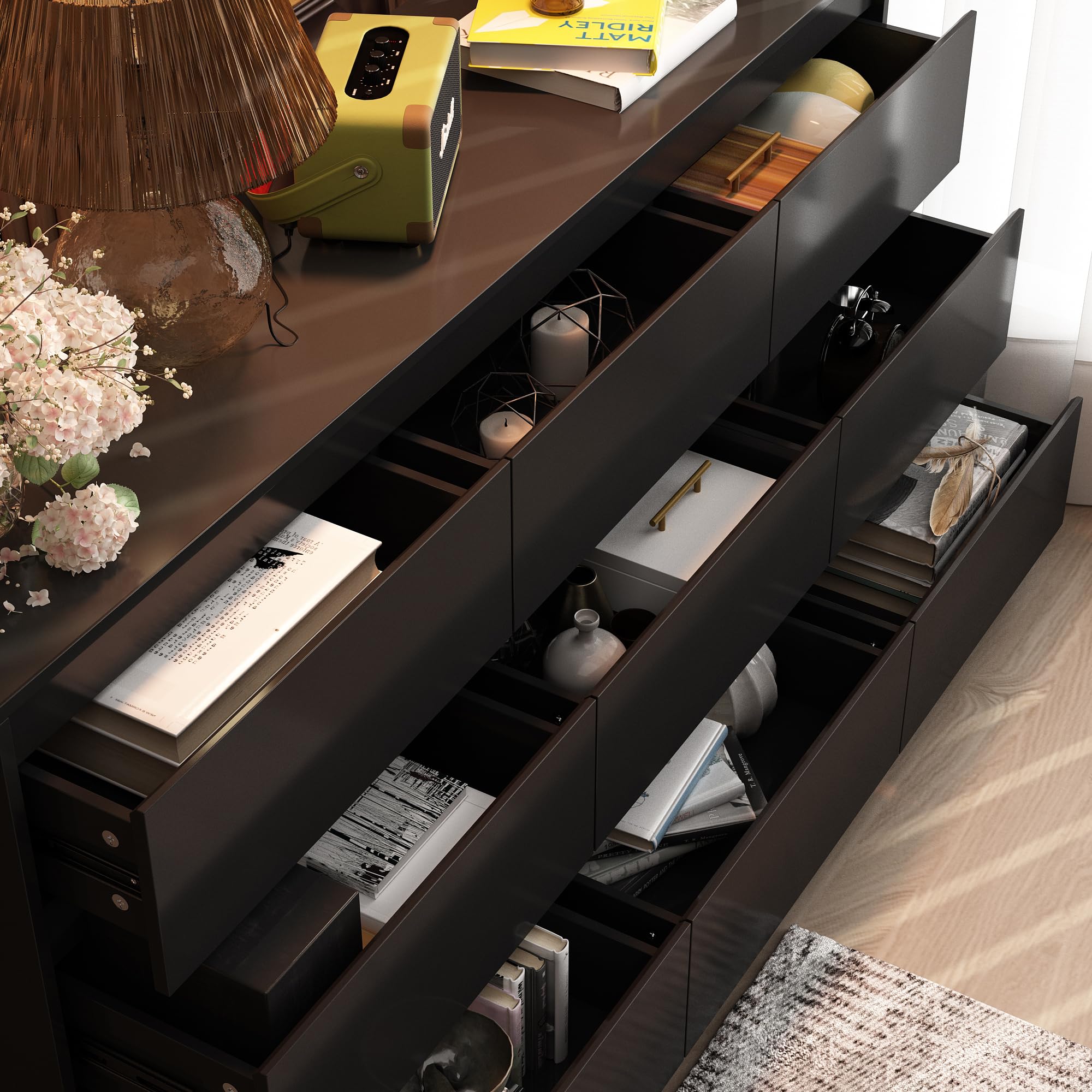 Hitow 9-Drawer Modern Dresser for Bedroom - Black Freestanding Chest of Drawers with Ball Bearing Slides (63