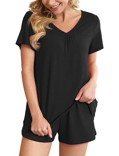 POKWAI Women's Soft Short Pajama Set with Pockets - 2 Piece Comfy Sleepwear & Lounge Outfit for Nighttime Relaxation and Home Wear