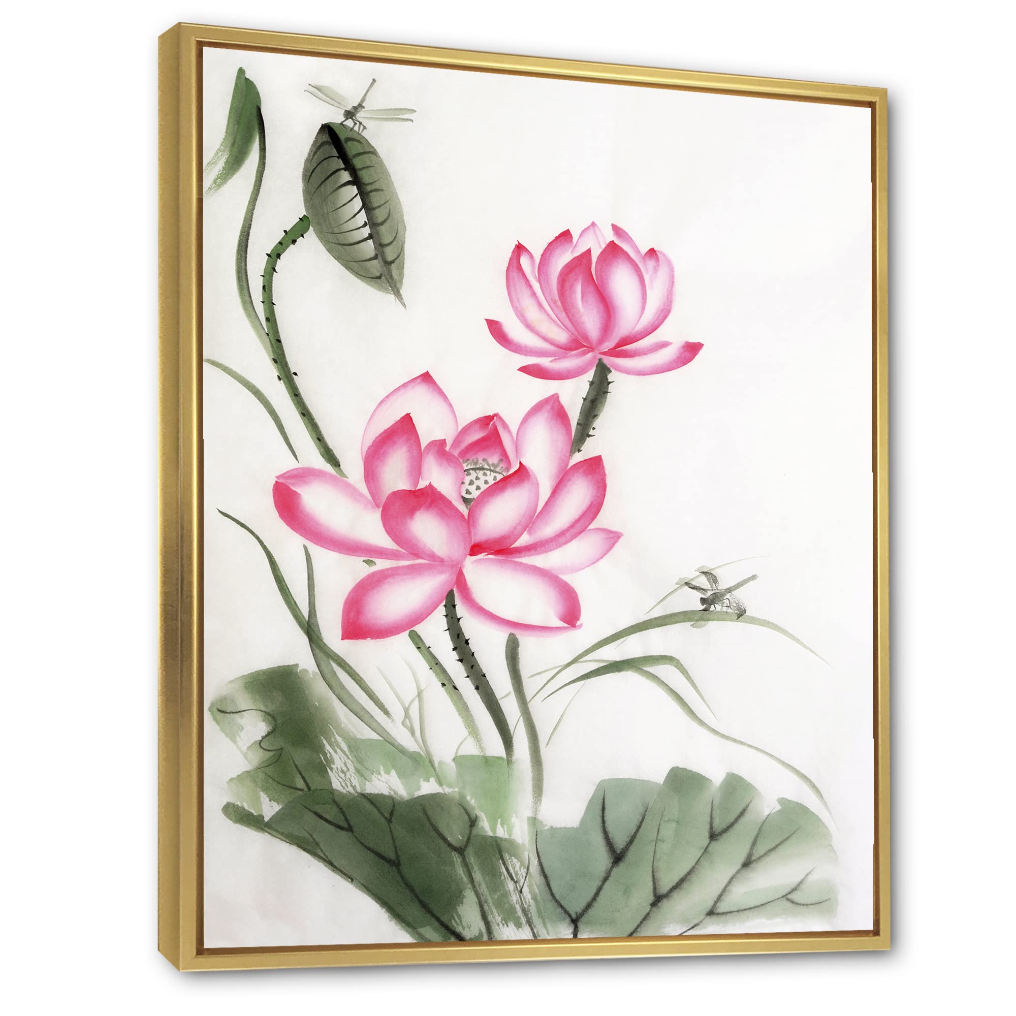 Lotus and The Dragonfly I - Traditional Framed Canvas Wall Art Print for Home Decor | Asian Inspired Nature Painting | Perfect for Living Room, Bedroom & Office Wall Decor