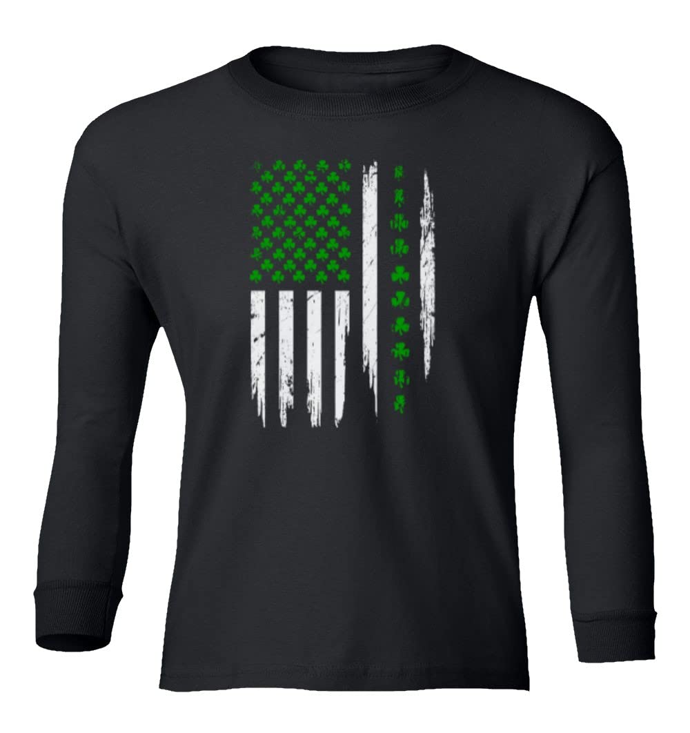 American Flag Clover Stars St. Patrick's Day Youth Long Sleeve T-Shirt - Patriotic Irish Heritage Apparel for Kids & Teens - Perfect for Parades, School Events & Holiday Celebrations