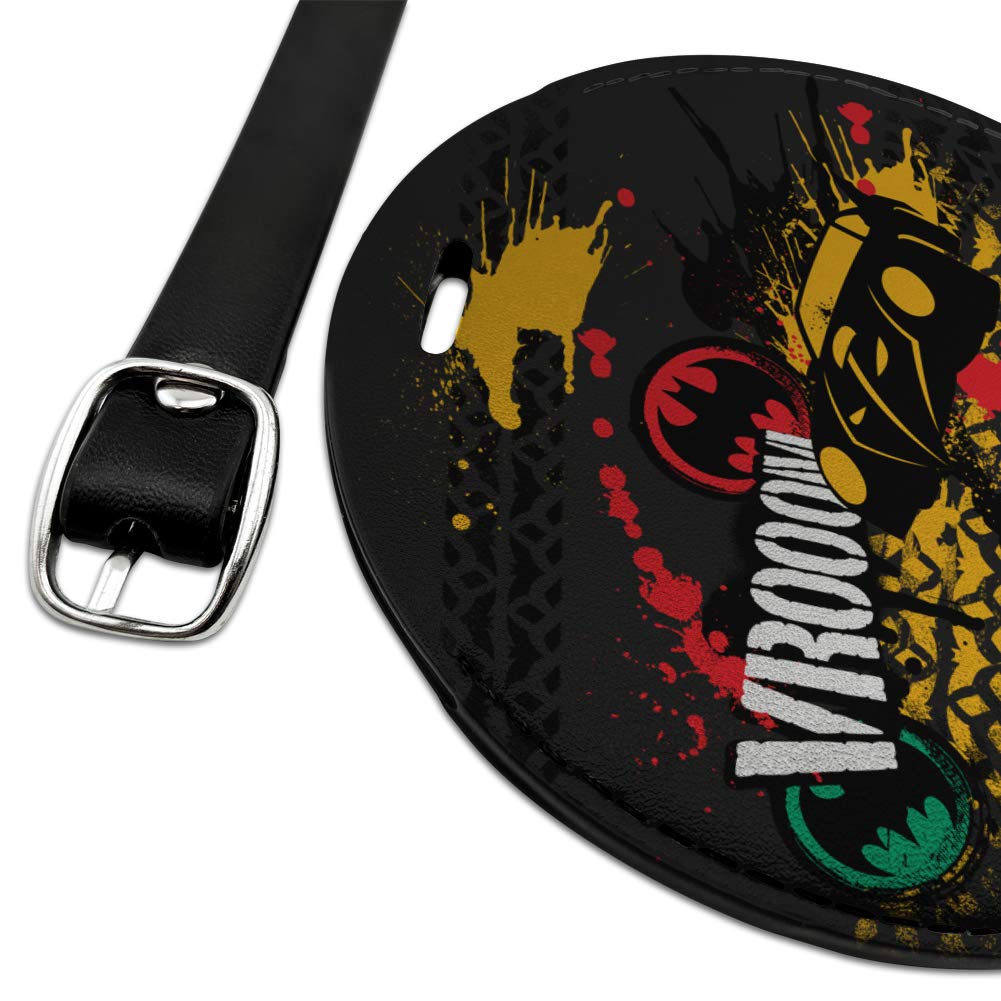 Batman Batmobile VROOOM Round Leather Luggage Tag - Durable Suitcase ID Tag for Carry-On Bags - Perfect for Travel, Cosplay & Superhero Fans