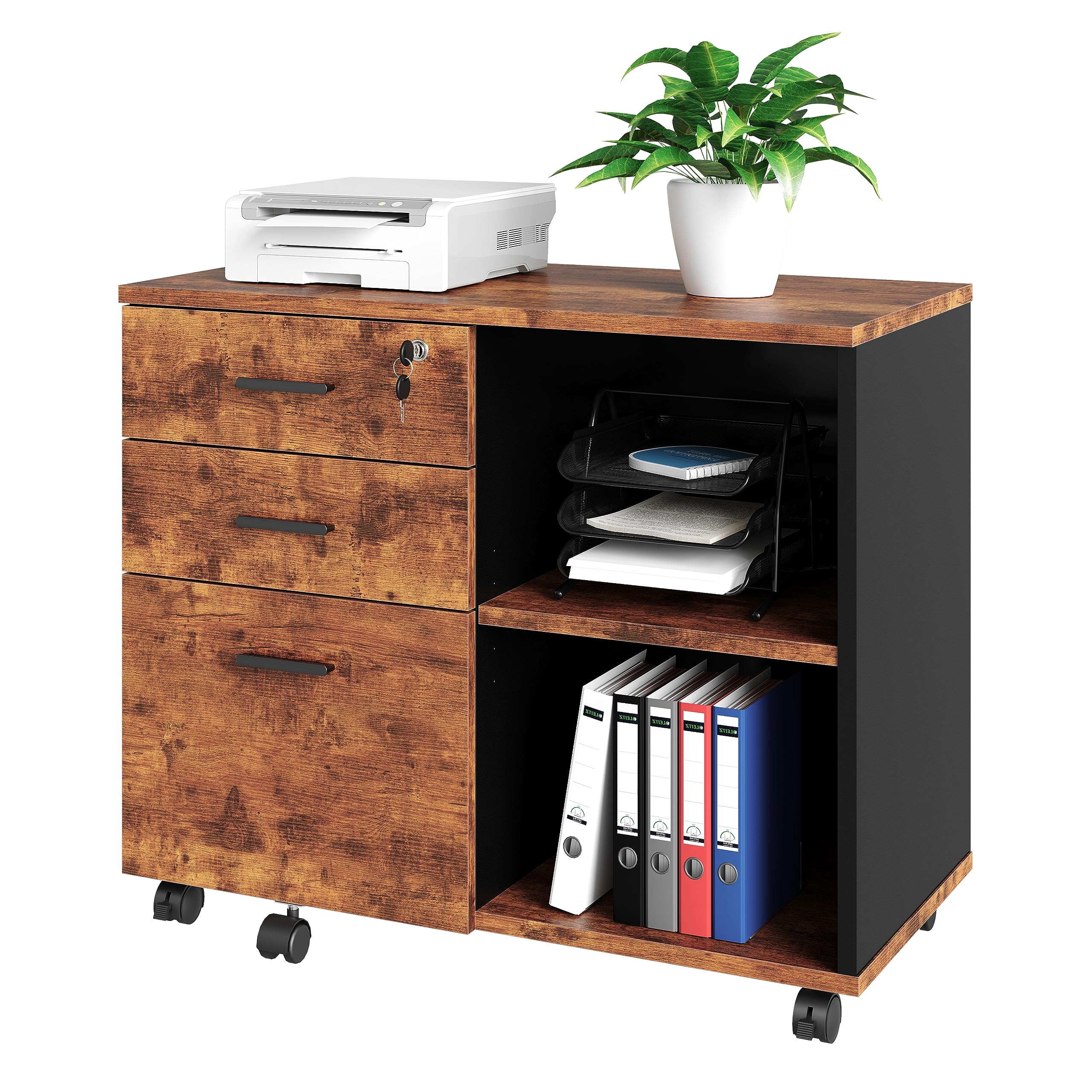 Wooden 3-Drawer Mobile Lateral File Cabinet with Wheels - Rolling Printer Stand with Open Storage Shelves for Home Office, Office Organization & Document Storage (Natural Wood Finish)