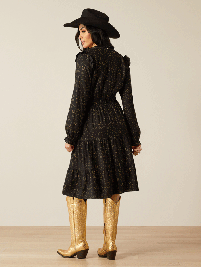 Ariat Women's Blinged Out Dress with Golden Horseshoes Print - Black Western Style Cowgirl Dress for Rodeo, Party & Special Occasions