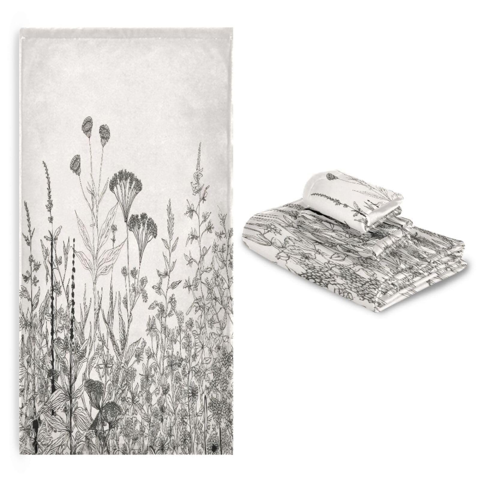 Vintage Wild Flowers Cotton Bath Towel Set - 3 Piece Soft Quick Dry Towels (Bath, Hand, Washcloth) for Bathroom, Spa & Guest Use | Botanical Herbs Dragonfly Butterfly Design