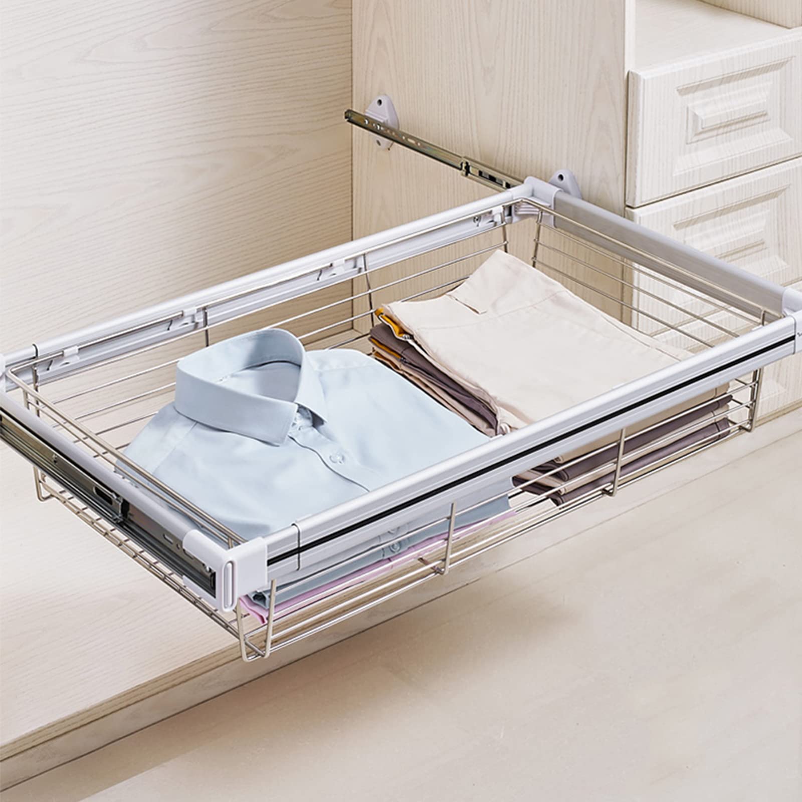 DFSY Large Metal Hanging Pull Out Drawer Basket - Stackable Clothes Storage Organizer for Home, Office, Bedroom & Laundry Room | Space-Saving Solution for Wardrobes, Closets & Underbed Storage