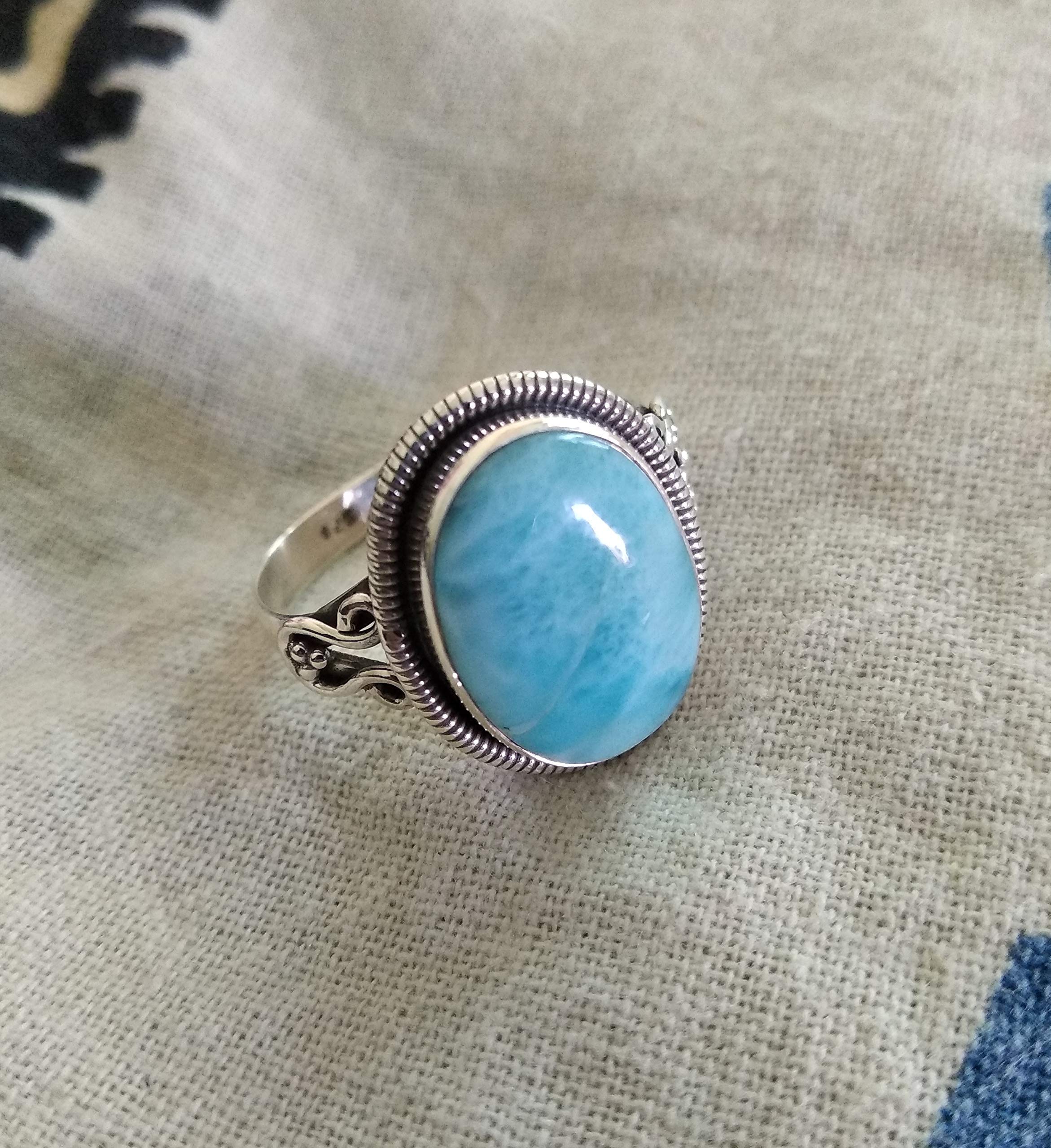 Larimar Ring 925 Sterling Silver - Genuine Dominican Republic Larimar Stone, March Birthstone Jewelry, Hippie Style Charm Ring, Blue Stone Jewelry for Women - Perfect Boho Gift for Birthday, Anniversary & Spiritual Healing