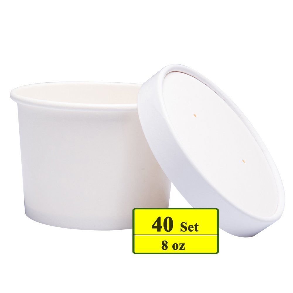 Eco-Friendly 8 oz Paper Ice Cream Cups with Lids - White Disposable Hot & Cold Soup Bowls (40 Pack) - Perfect for Parties, Desserts & Takeout Meals