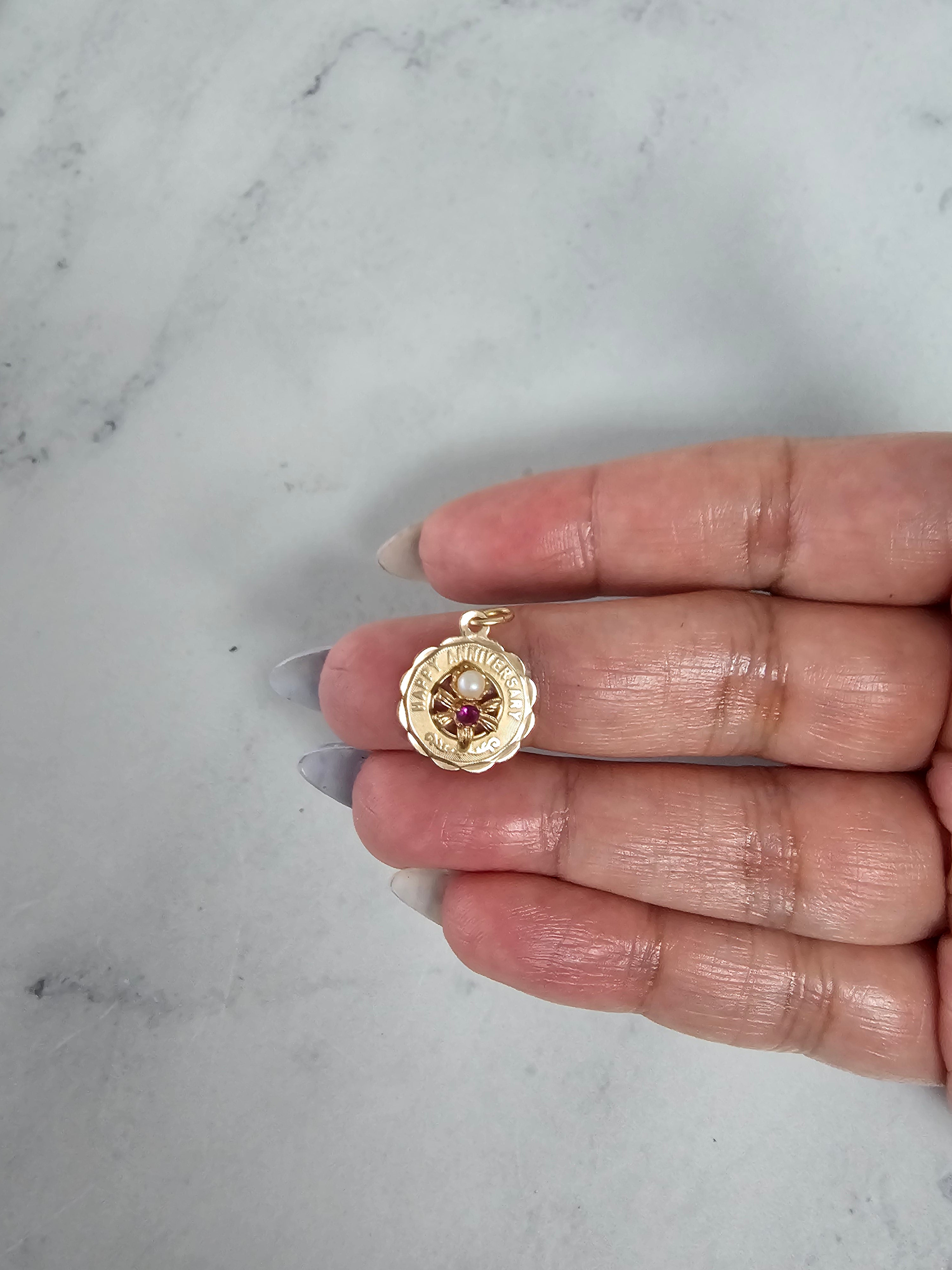 14k Yellow Gold Ruby Happy Anniversary Charm - Elegant Jewelry Gift for Wife, Girlfriend, or Mom - Perfect for Anniversaries, Birthdays & Special Occasions