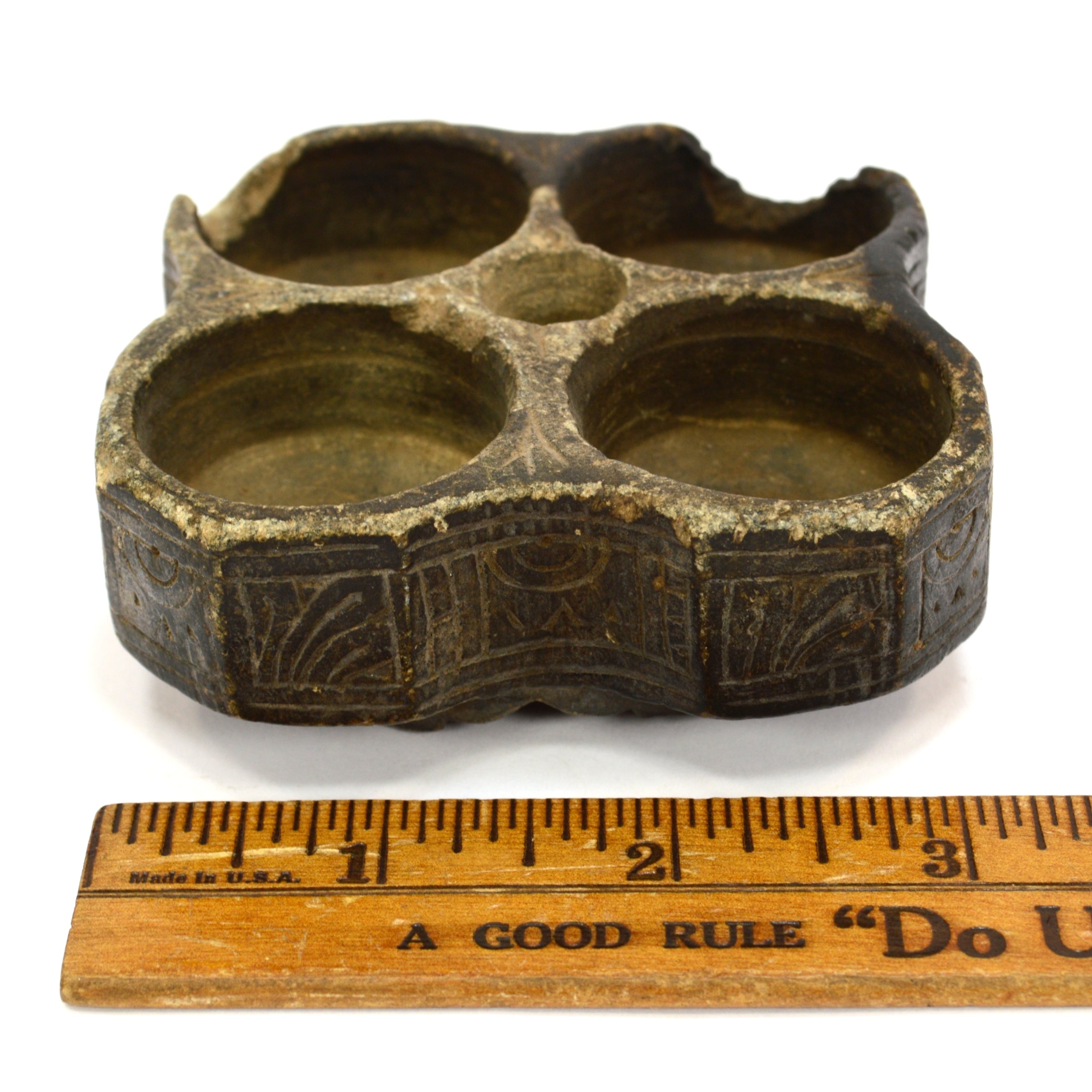 Ancient BACTRIAN STONE VESSEL - Handcrafted Steatite/Chlorite 4-Chamber Bowl with Intricate Incised Designs - Perfect for Home Decor, Museum Display & Ancient Art Collection