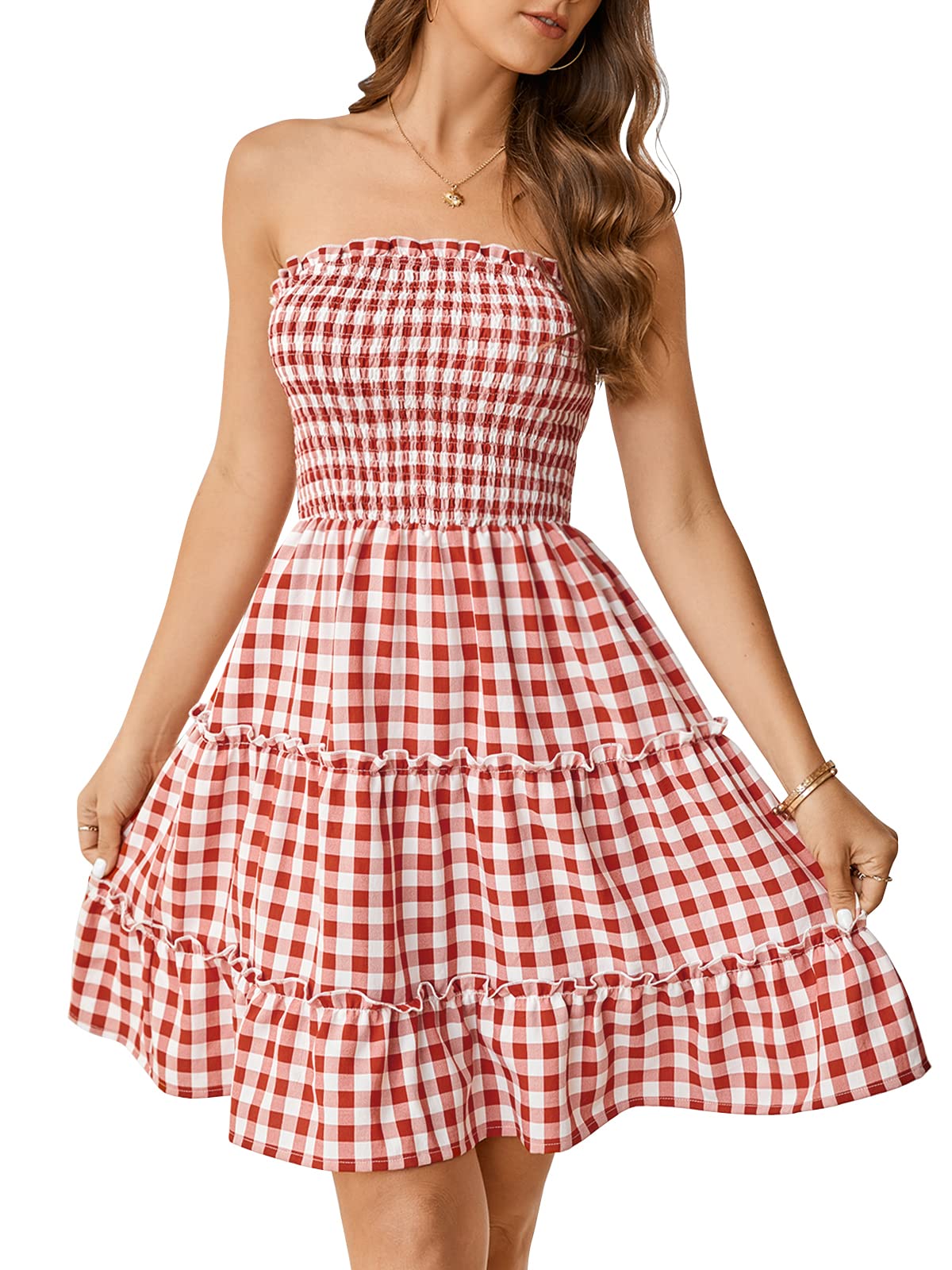 Esobo Women's Plaid Strapless Tube Top Mini Dress - Summer Beach Cover Up, Casual Sundress for Pool Party, Vacation & Outdoor Activities