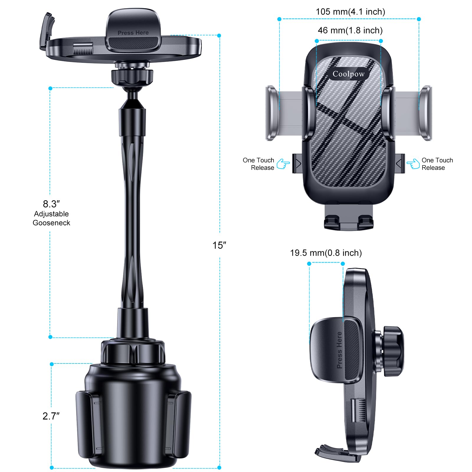 Adjustable Car Cup Holder Phone Mount for iPhone & Smartphones 4-7