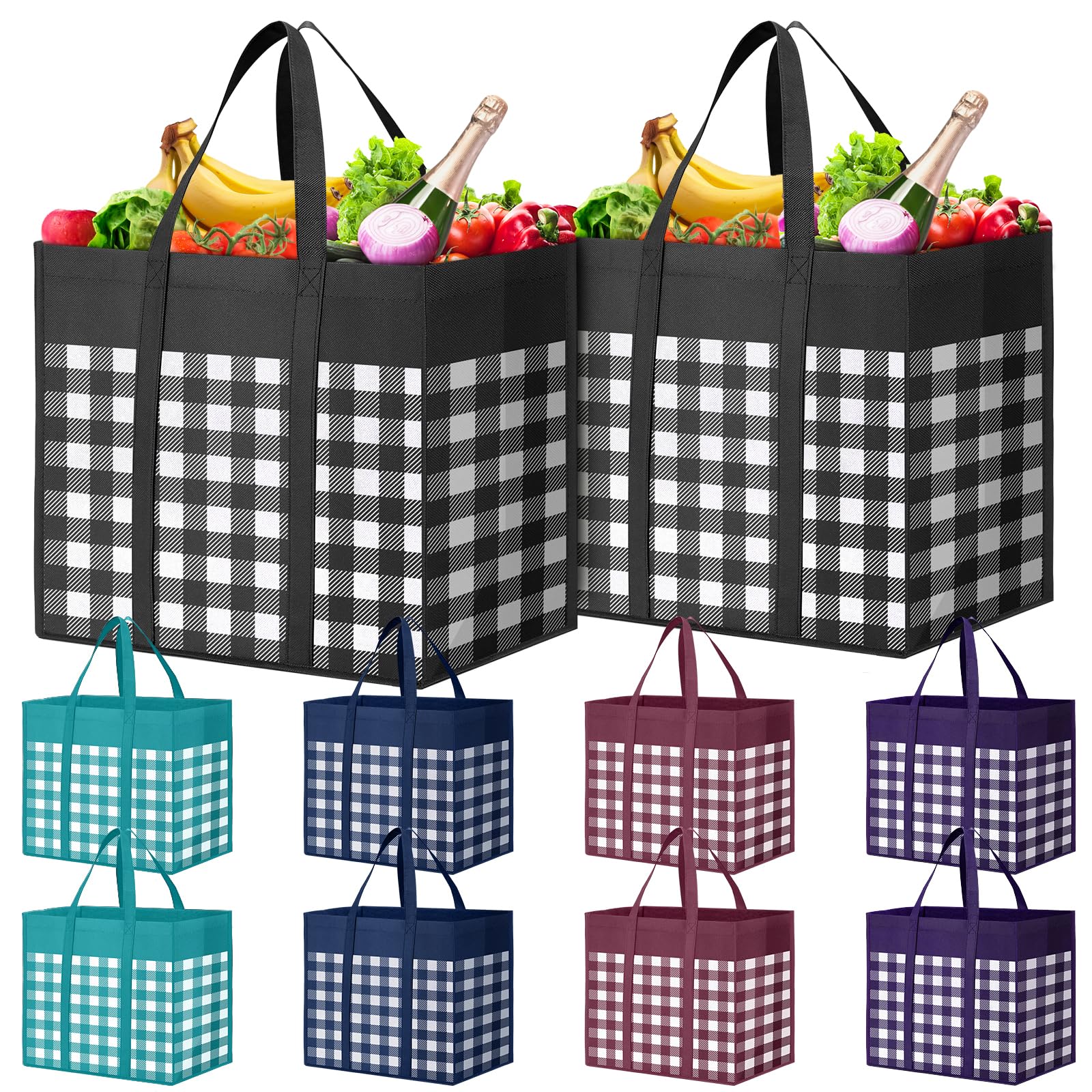 WISELIFE 10 Pack Reusable Grocery Shopping Bags - Large Foldable Tote Bags Bulk Set, Eco-Friendly Produce Bags with Long Handles for Groceries, Clothes & Shopping (Plaid C) - Perfect for Grocery Stores, Farmers Markets & Travel