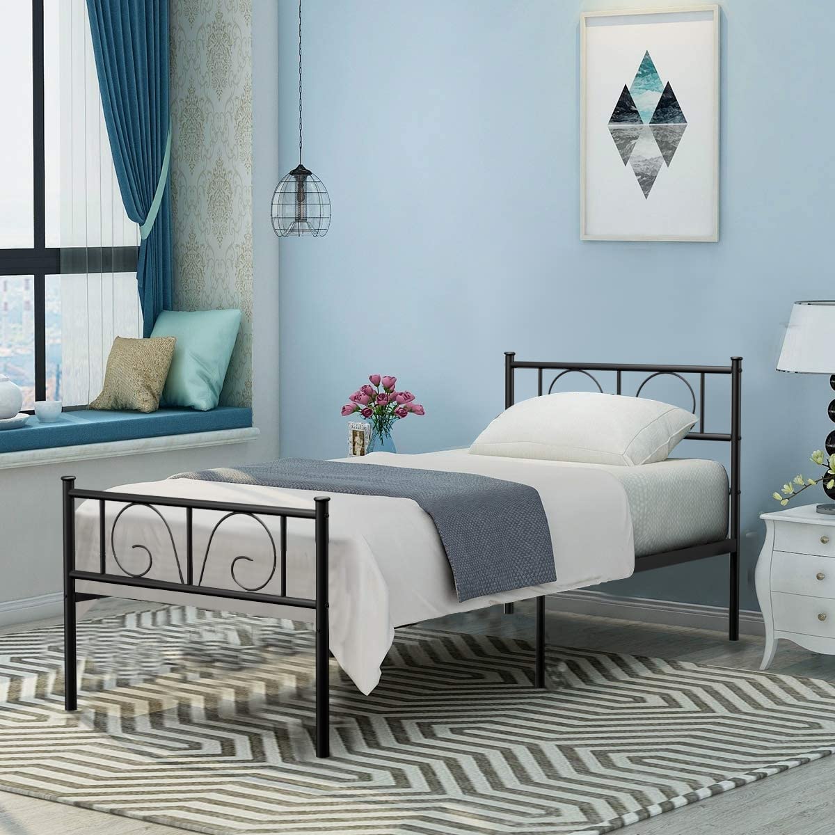 Black Twin Bed Frame for Boys, Girls, Teens & Adults - Sturdy Steel Platform Bed with Storage & Headboard/Footboard - No Box Spring Needed - Perfect for Kids' Rooms, Guest Beds & Small Spaces