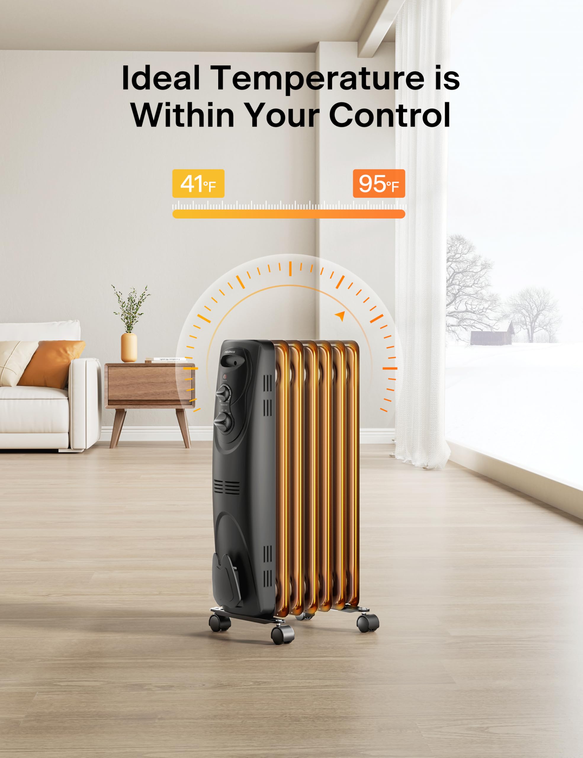PELONIS PHO15A2AGB 1500W Electric Oil Filled Radiator Heater - Portable Space Heater for Home, Office, Bedroom - Black, 26.1