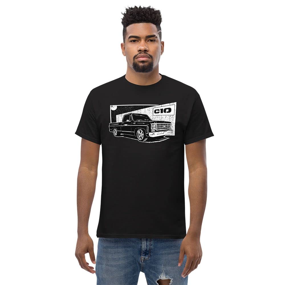 Aggressive Thread Square Body C10 Truck T-Shirt for Men - Vintage 73-77 Chevy Pickup Tee with Round Eye Design | Perfect for Car Shows, Truck Enthusiasts & Casual Wear