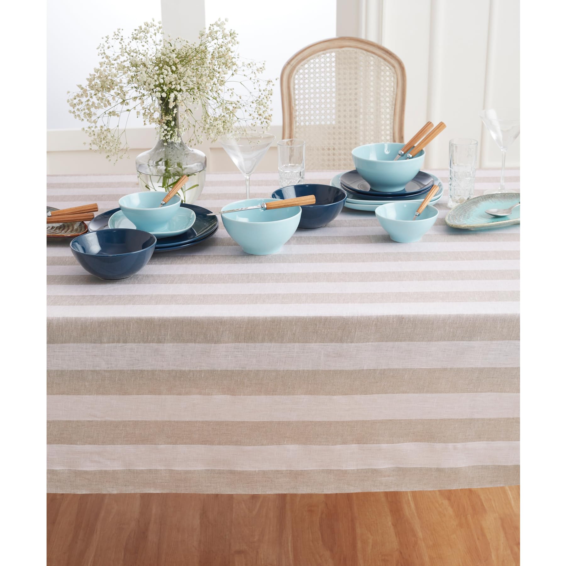 Solino Home 100% Pure Linen Tablecloth - Natural & White Cabana Stripe (60x120 Inch) | Machine Washable Handcrafted Table Cover | Perfect for Spring Decor, Easter, Mother's Day & Outdoor Dining