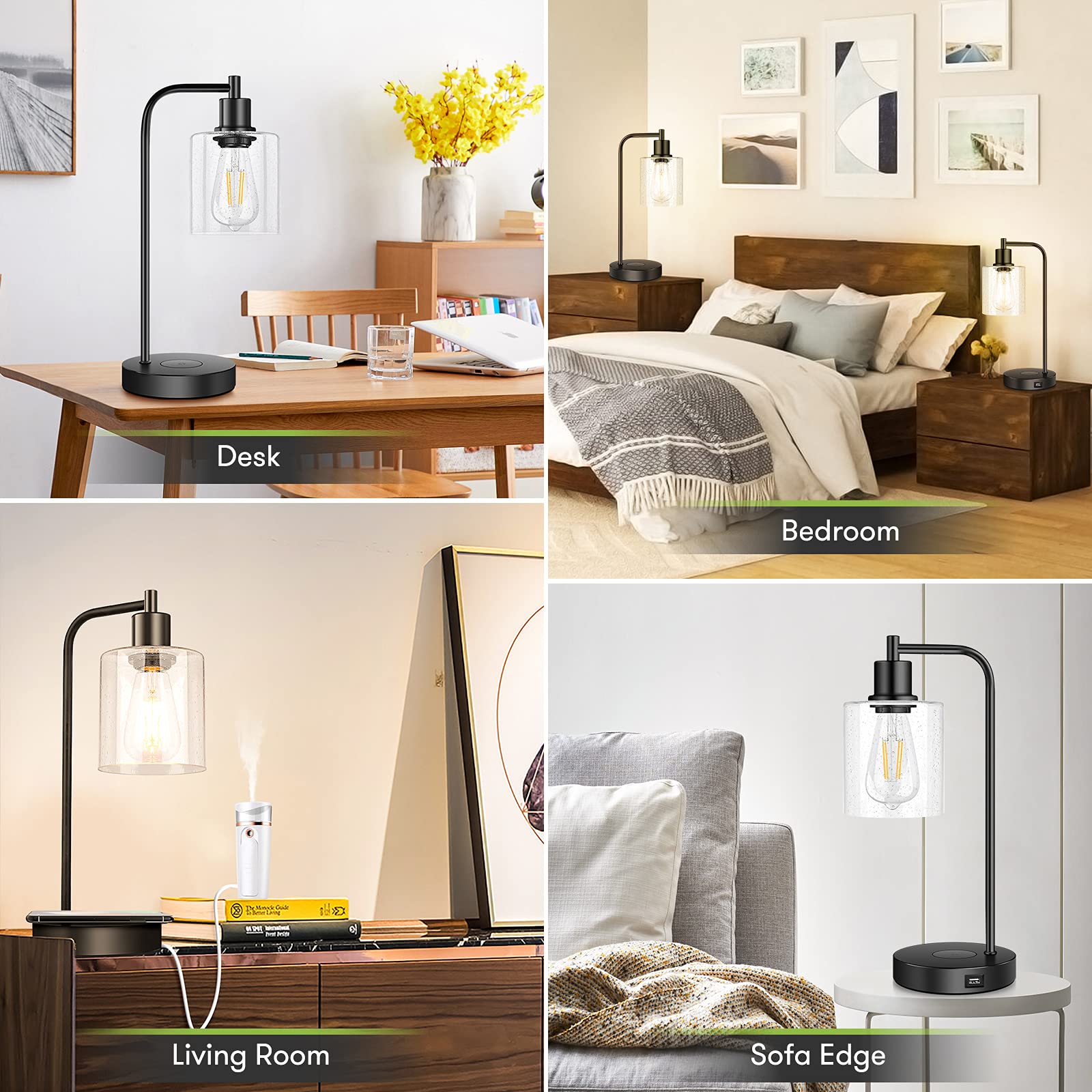 2-Pack Wireless Charging Industrial Table Lamp - 3-Way Touch Control, Dimmable Desk Lamp with USB Port & Hanging Seeded Glass Shade for Office, Bedroom, Living Room (Bulb Included) | Perfect for Workspaces, Nightstands & Modern Home Decor