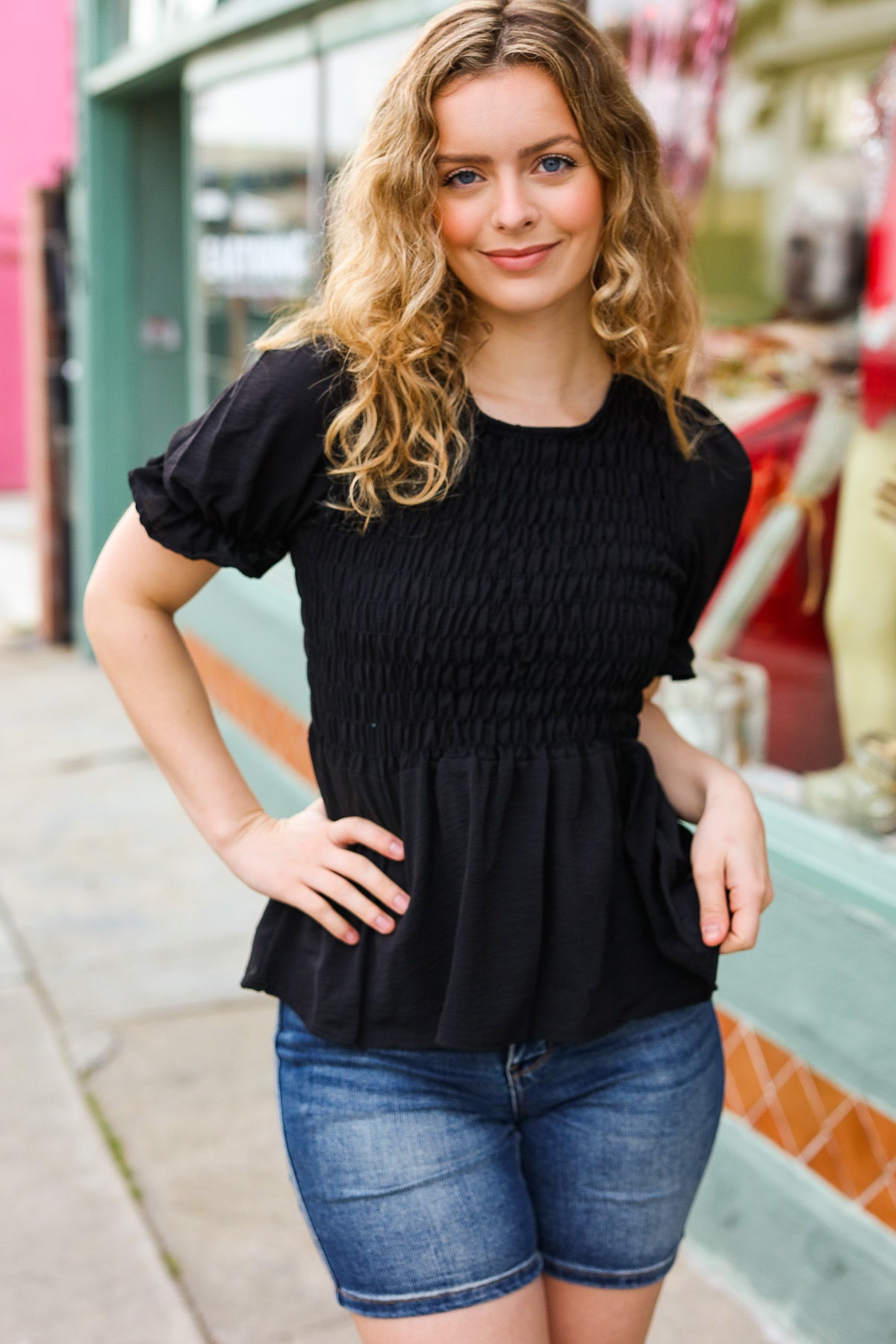 Beeson River Women's Black Smocked Peplum Puff Sleeve Blouse - Elegant Ruffled Tunic Top for Casual Wear, Date Night & Office Outfits