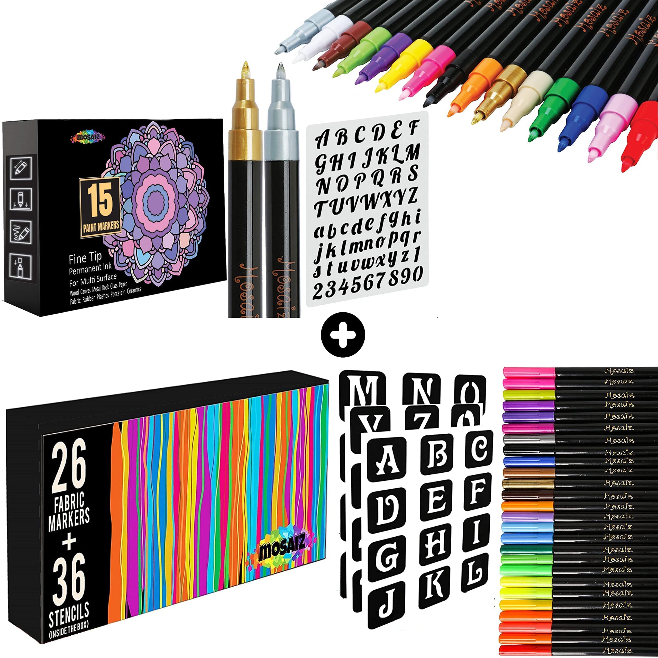 **Mosaiz Fabric Markers Pen Set - 26 Colors (Including Gold & Silver) + 36 Reusable Stencils & Acrylic Paint Pens (15 Colors, Metallic Gold/Silver) - 0.7mm Fine Tip for DIY Crafts, Fabric Painting, and Custom Clothing Design**