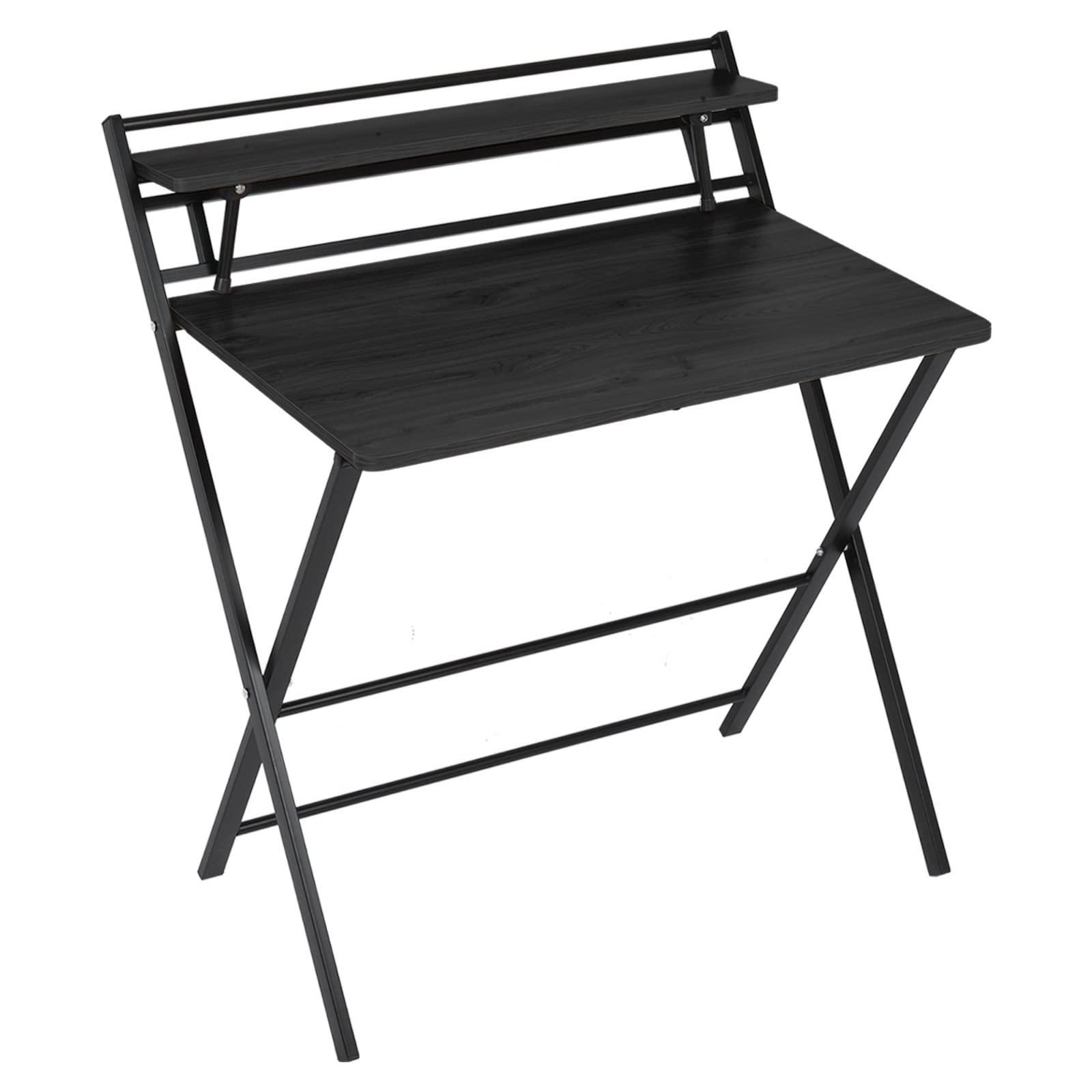 Feterr Corner Folding Desk with 2-Tier Shelf - Compact Computer Desk for Small Spaces, No Assembly Required, Study & Work Table with Storage (Black) - Perfect for Home Office, Dorm Room & Small Apartments