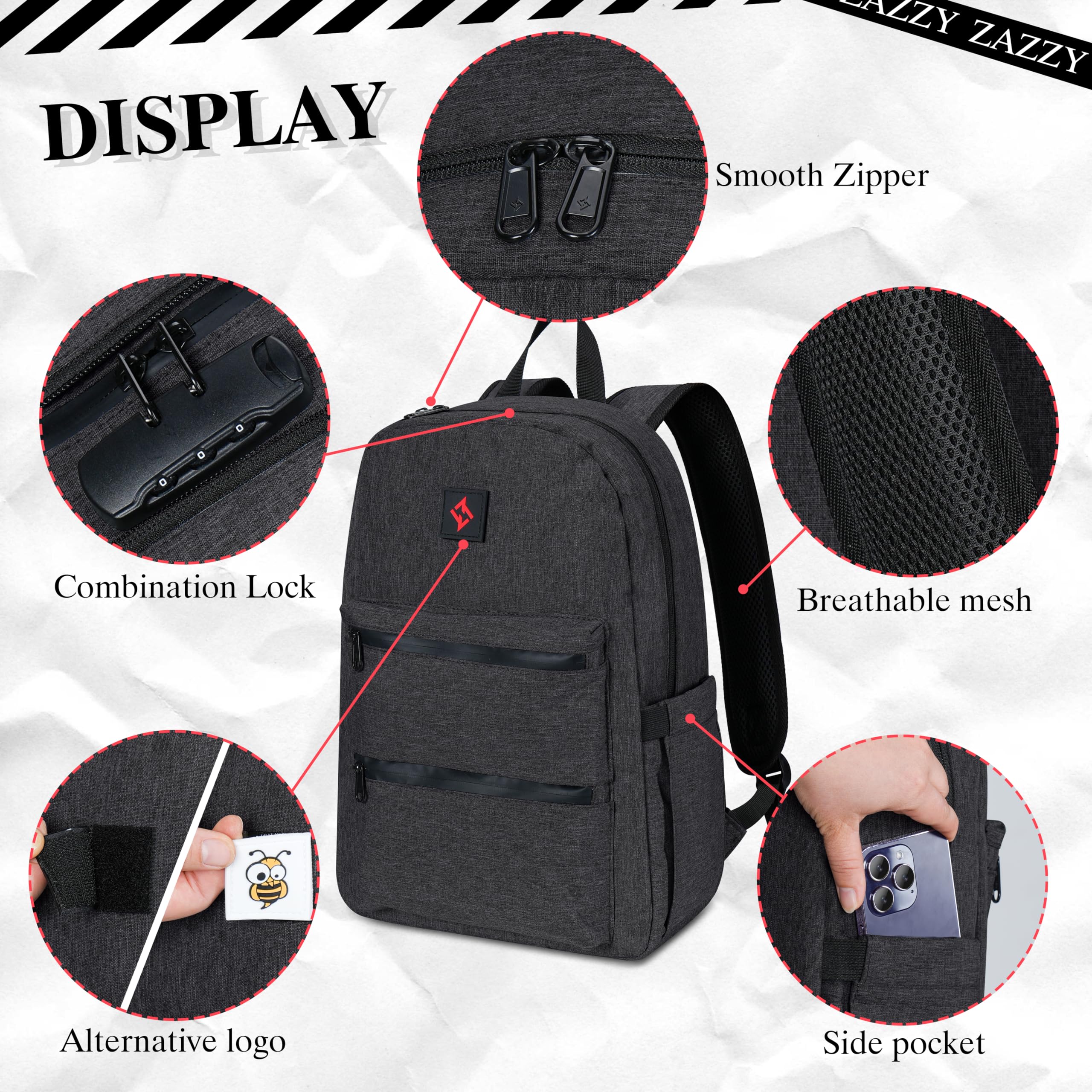 Zazzy Smell Proof Backpack - Lockable Carbon Fiber Odor Resistant Travel Backpack with Secure Lock - Perfect for Travel, Hiking & Outdoor Activities (Black)
