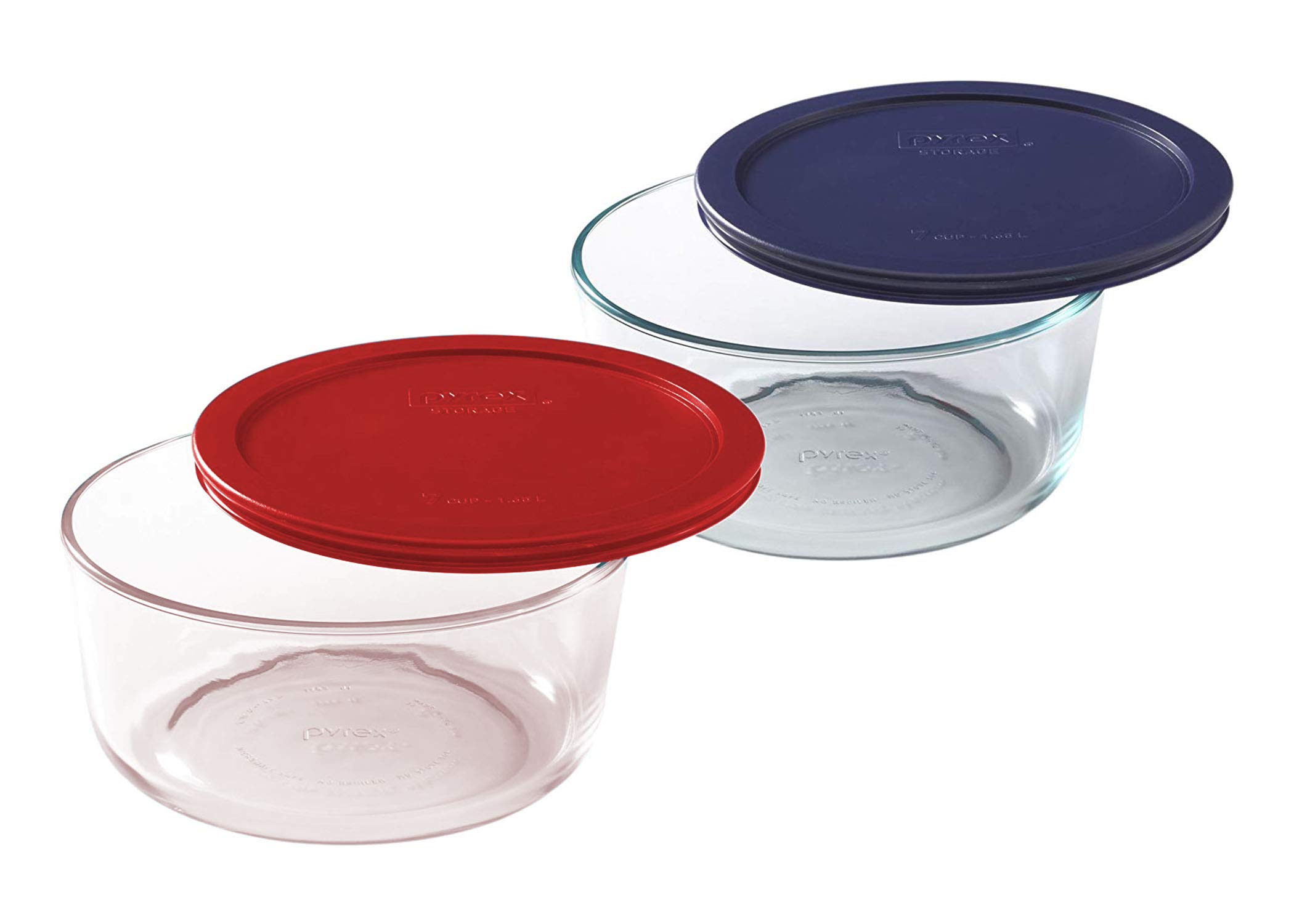 Pyrex 7-Cup Round Glass Food Storage Containers with Red & Blue Plastic Lids - 2-Pack Set for Meal Prep, Leftovers & Refrigerator Organization - BPA-Free, Microwave & Freezer Safe