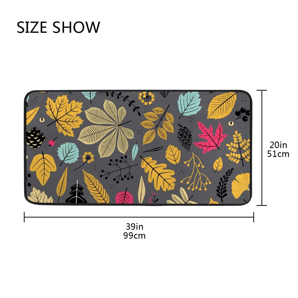 Non-Slip Memory Foam Kitchen & Bathroom Rug - Soft Plush Floor Mat, Dark Gray Autumn Leaf Design, Extra Thick & Machine Washable (39x20 Inch) - Perfect for Entryway, Laundry Room, and Bedroom Decor