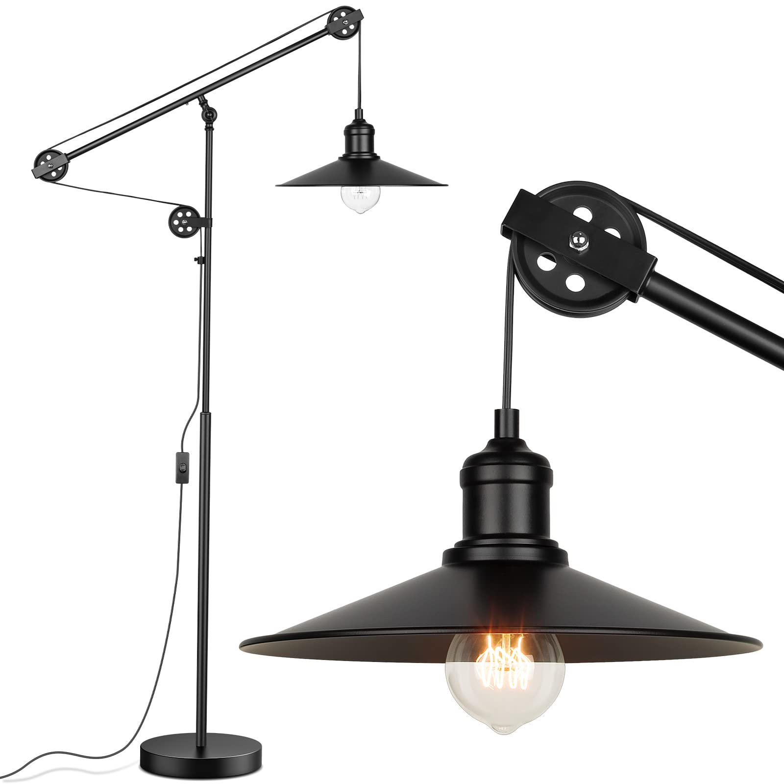 Adjustable Industrial Floor Lamp with Pulley System - Rustic Vintage Reading Lamp for Living Room, Bedroom & Office - Modern Farmhouse Tall Standing Task Light in Blackened Bronze - Perfect for Cozy Reading Nooks, Home Offices & Relaxing Spaces