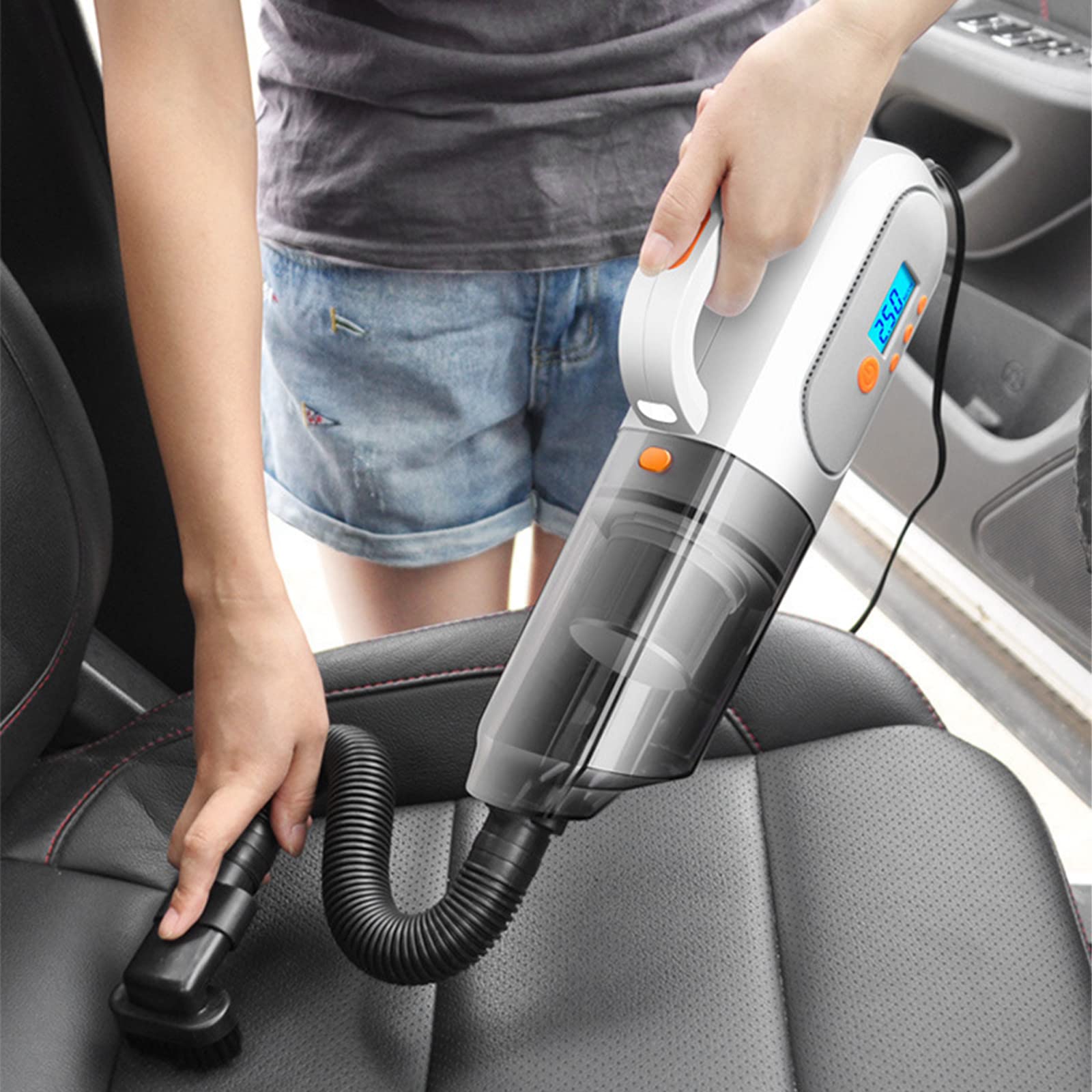4-in-1 Portable Car Vacuum Cleaner with Air Pump | 12V Handheld Auto Shut Off Vacuum & Tire Inflator | LED Light for Cars, Pet Hair & Home Cleaning | Perfect for Road Trips, Garage Maintenance & Quick Cleanups