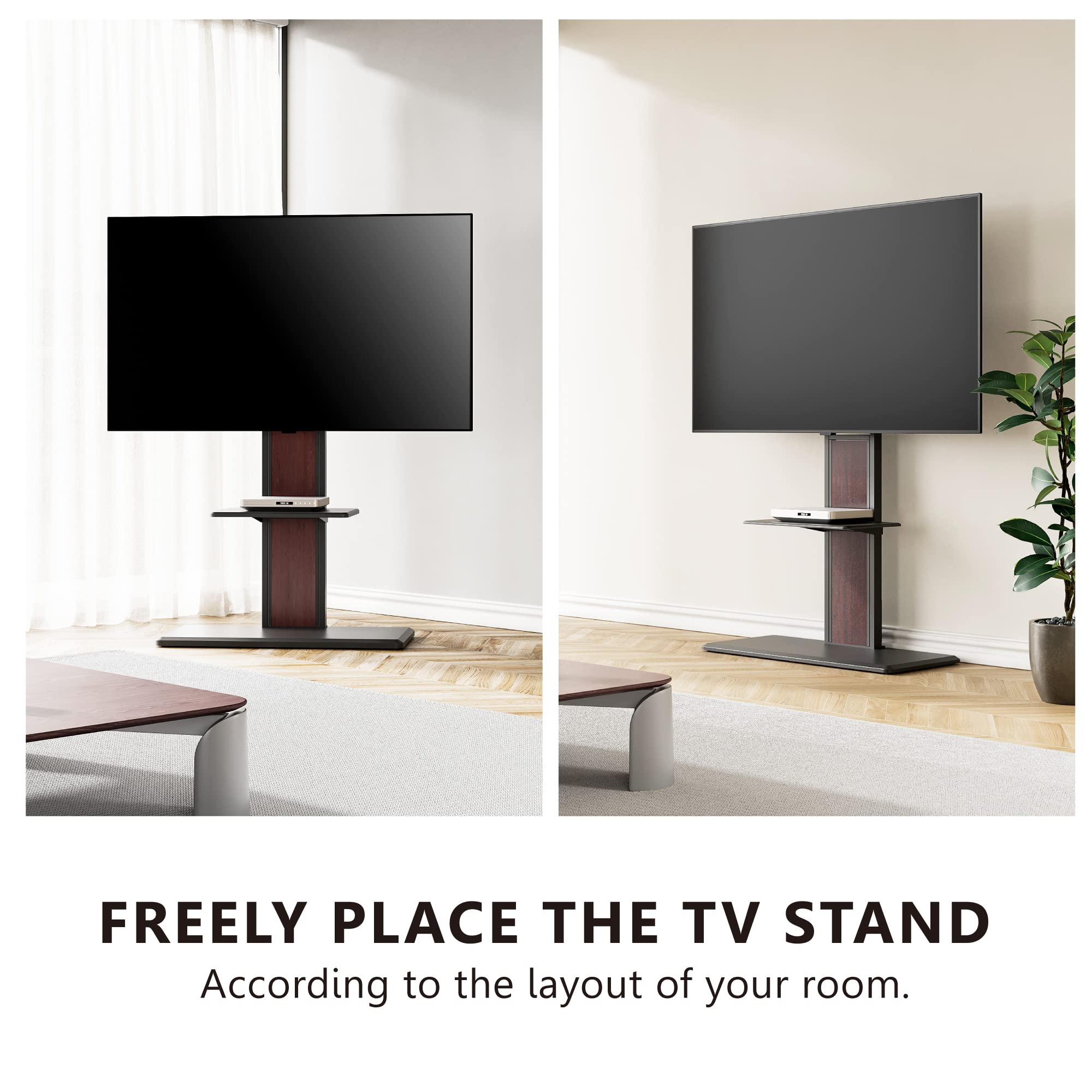 FITUEYES Universal Swivel TV Floor Stand for 32-75 inch TVs - Tall Adjustable Double Column TV Stand with Concealed Storage Shelf - Perfect for Living Room, Bedroom & Home Theater - Black
