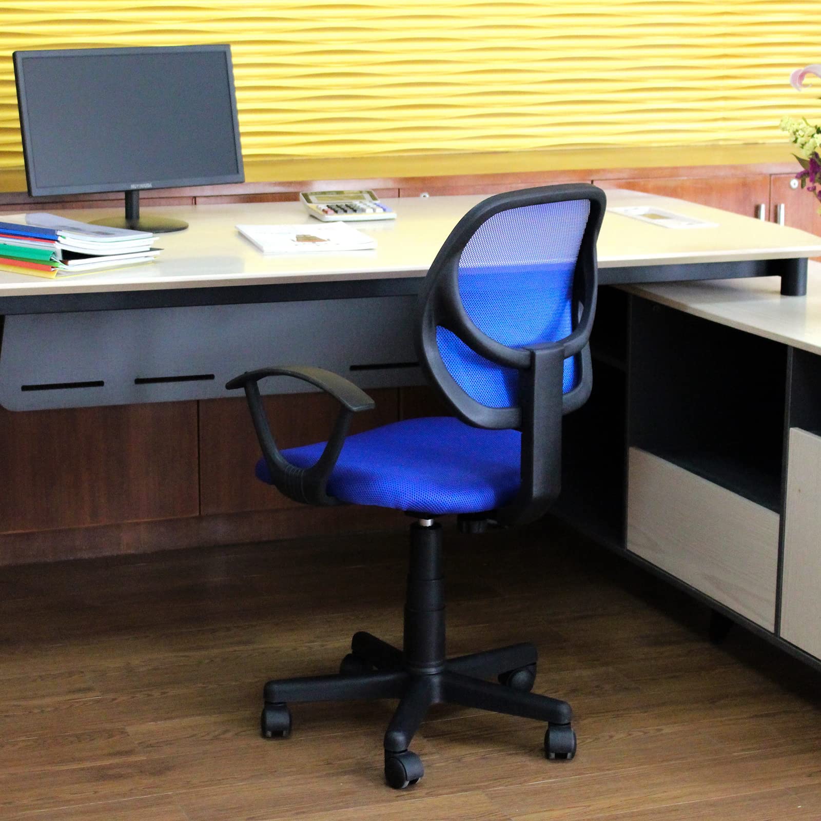 Ergonomic Mid Back Mesh Office Chair with Wheels & Adjustable Arms - Black & Blue - Perfect for Home Office, Gaming & Computer Workstations
