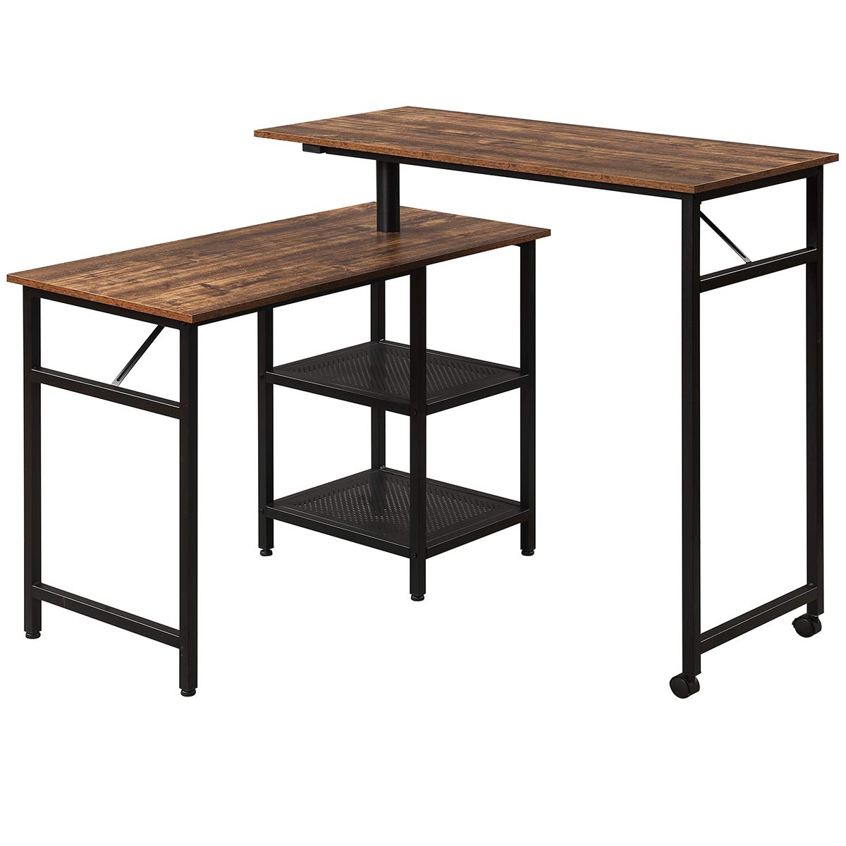 L-Shaped Standing Desk with 360° Rotation - Adjustable Home Office Computer Desk with Storage Shelf, Industrial Style (Brown) - Perfect for Small Spaces, Gaming & Remote Work