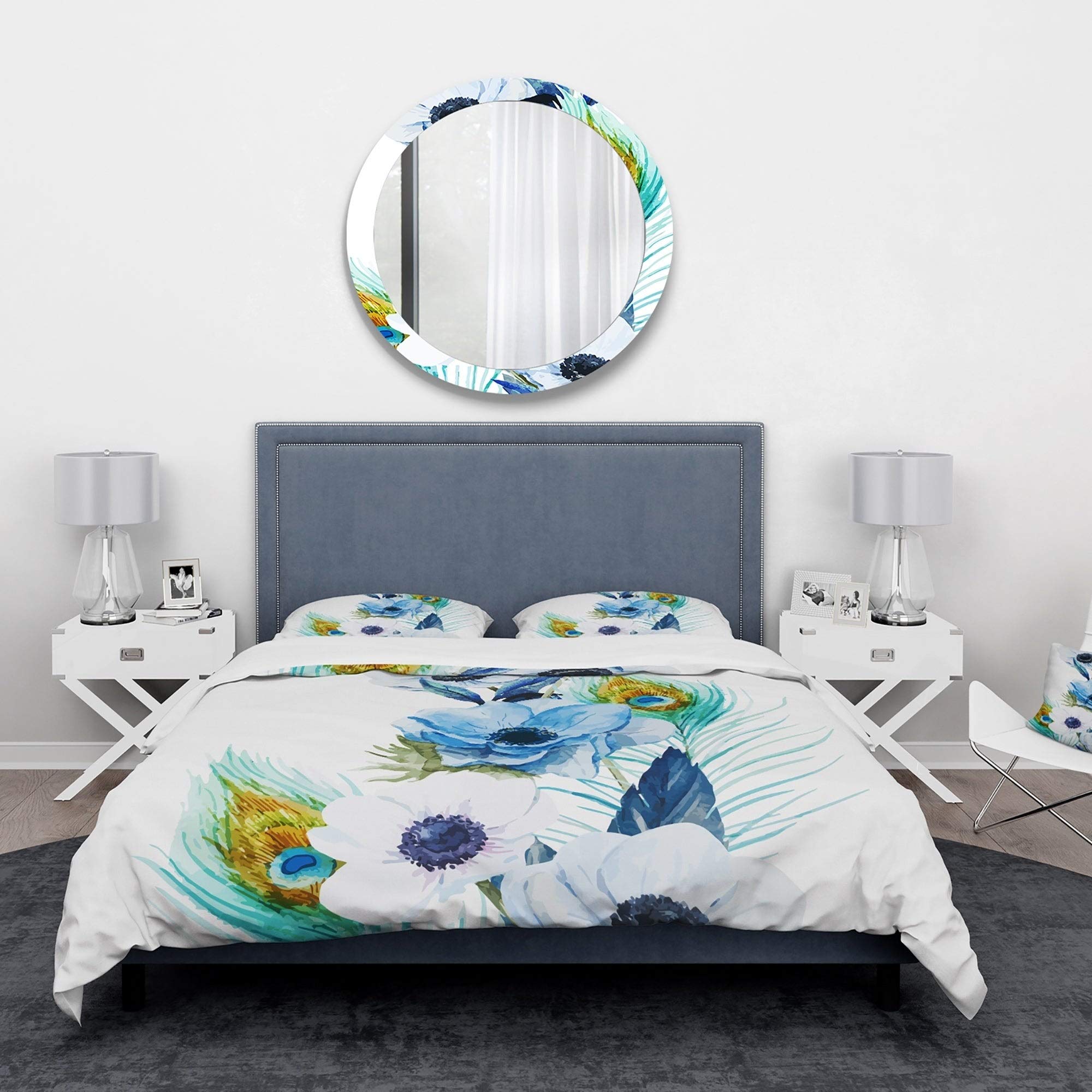 DESIGN ART 'Anemones and Peacock Feathers' Floral Duvet Cover Set - King Size Bedding with 2 Pillow Shams (Comforter Not Included) | Luxury Botanical Bedroom Decor for Master Suite or Guest Room