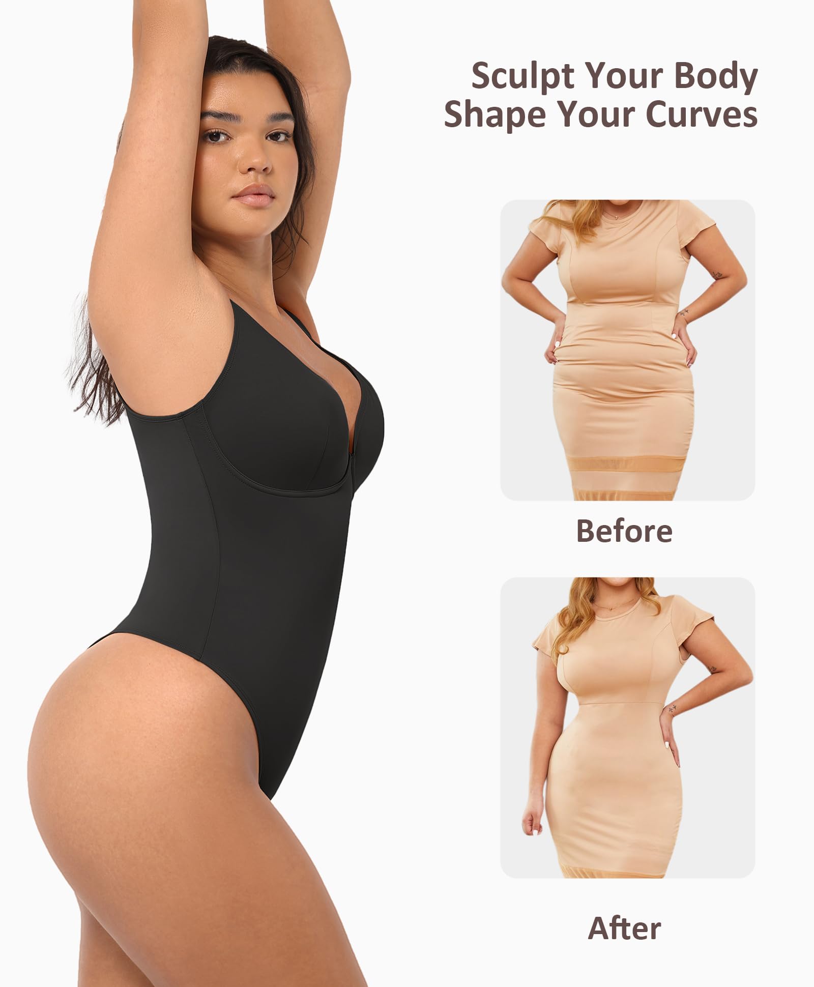 FeelinGirl Women's Tummy Control Shapewear Bodysuit - Seamless Thong Bodysuit for Slimming & Smoothing - Perfect for Dresses, Workouts & Everyday Wear