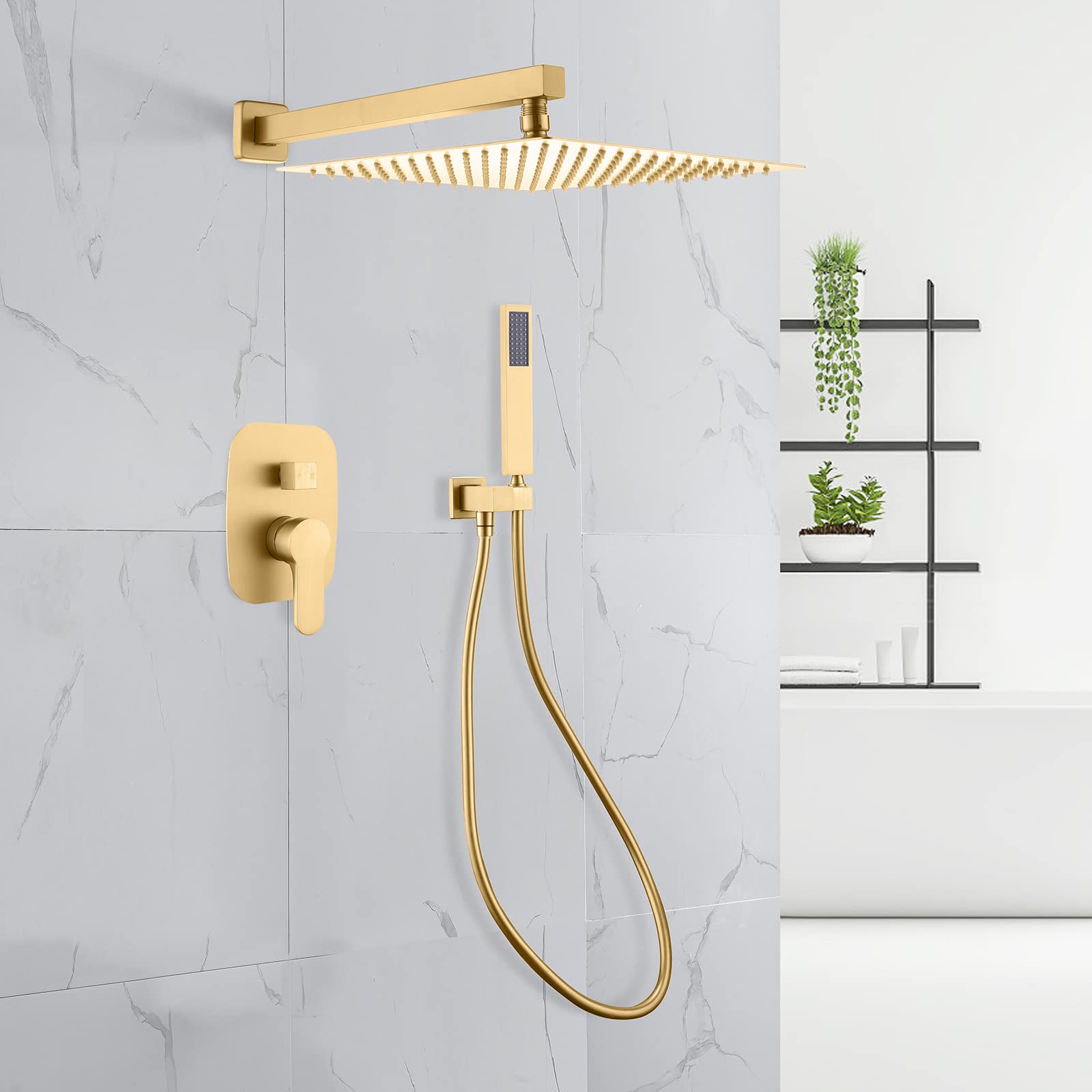 Solid Brass Wall Mounted Shower Faucet Set with Handheld Shower - Modern Single Handle Bathroom Tub Filler in Brushed Gold Finish | Perfect for Luxury Bathroom Renovations & Spa-Like Shower Experience