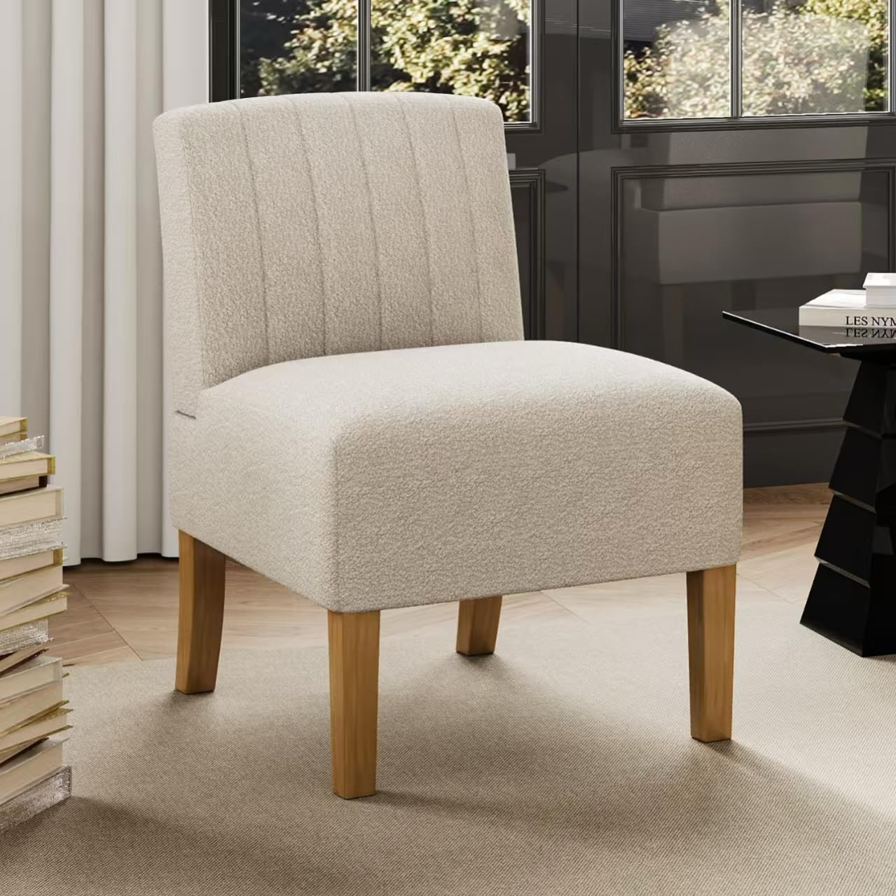 Modern Armless Accent Chair for Bedroom - Solid Wood Legs Upholstered Slipper Vanity Chair, Comfortable Guest & Reading Chair in Beige - Perfect for Bedroom Seating, Dressing Room & Cozy Reading Nook