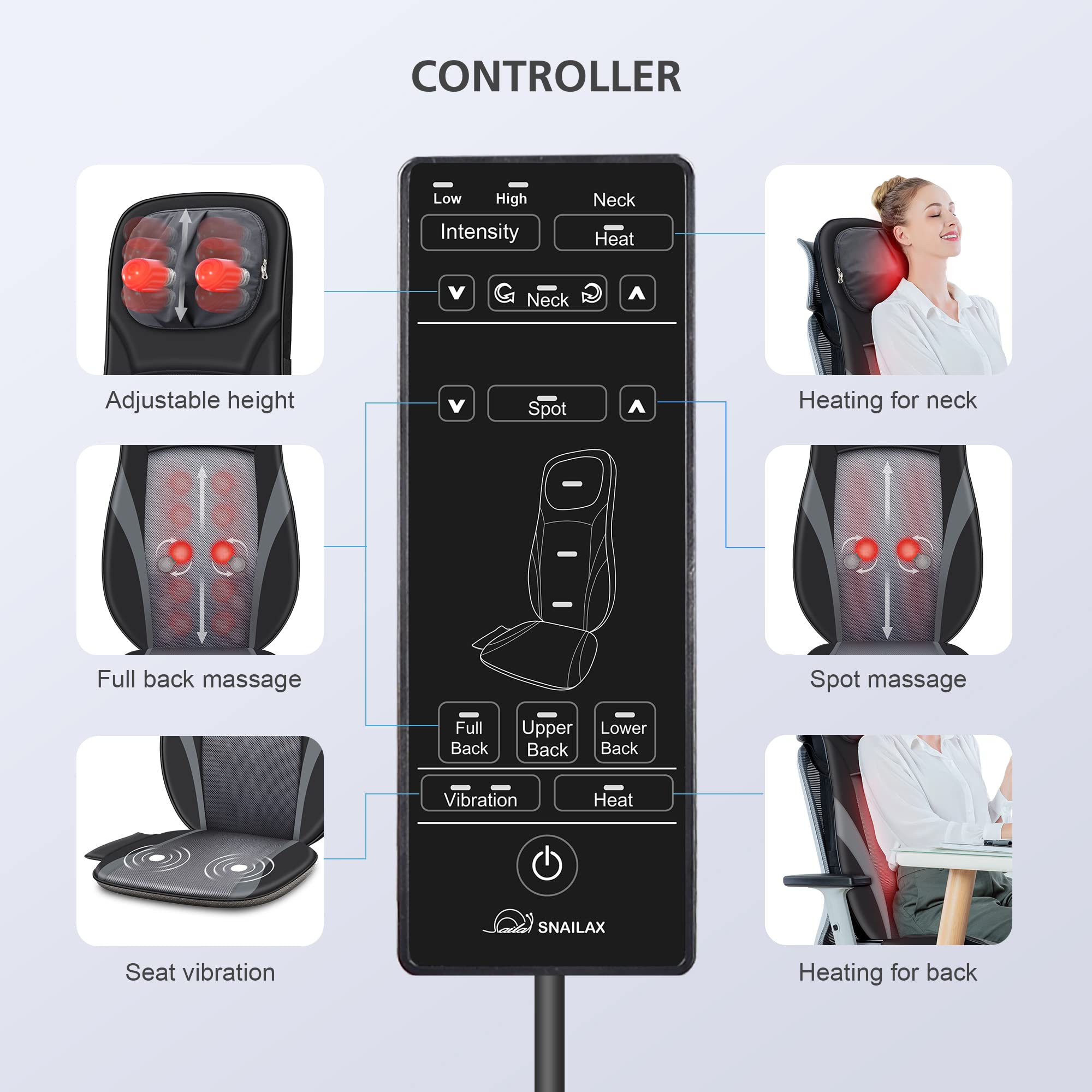 Snailax Shiatsu Neck and Back Massager with Heat - Adjustable Height Massage Chair Pad for Full Back Kneading & Rolling - Perfect Gift for Men & Women - Relieve Stress at Home, Office, or Car