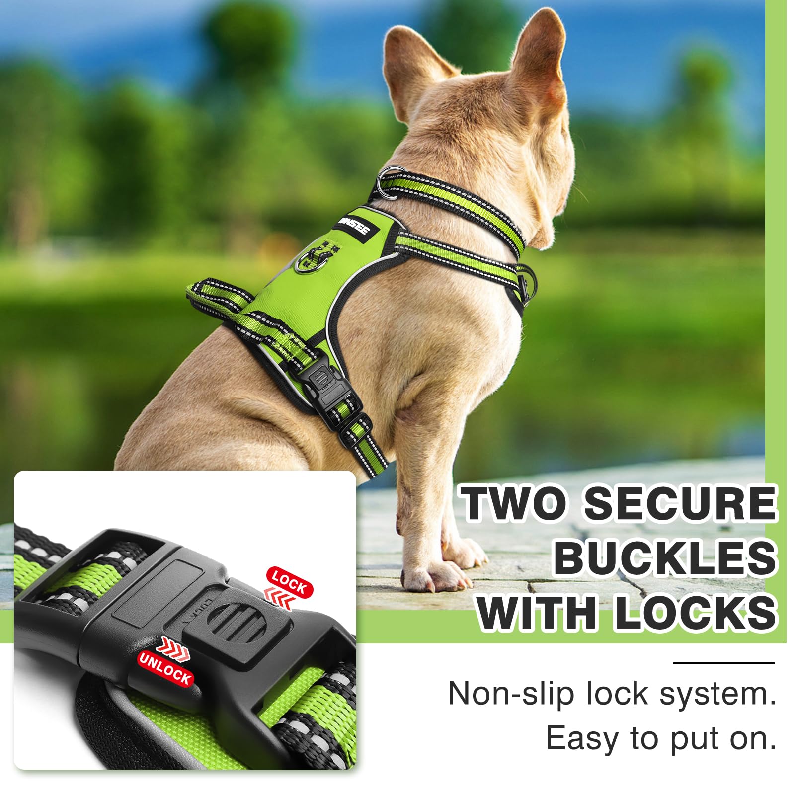 WINSEE No Pull Dog Harness - Adjustable Reflective Pet Vest with Front & Back Leash Clips for Small Medium Large XL Dogs - Easy Control Handle for Walking - Perfect for Outdoor Adventures & Nighttime Safety