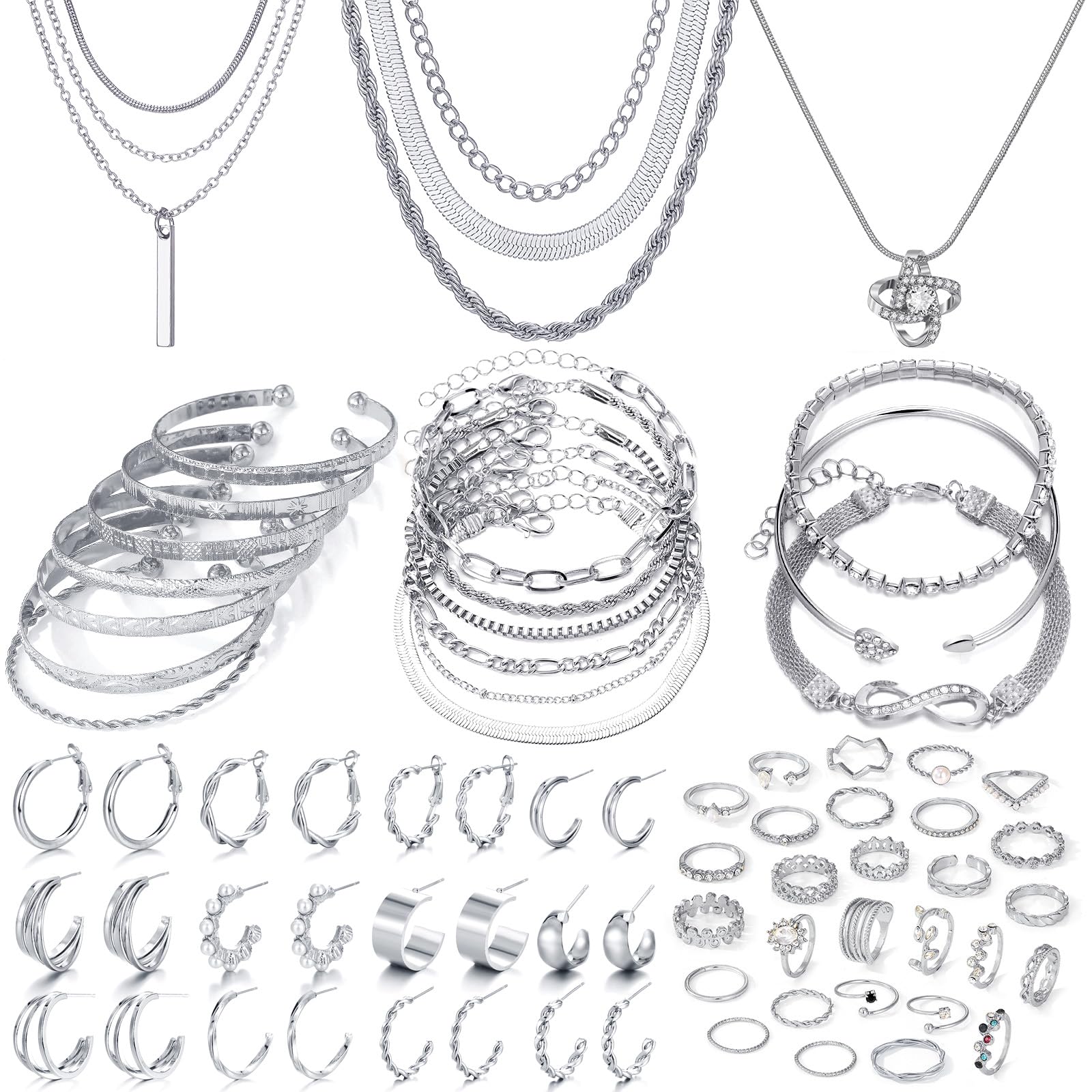 IFKM 36-Piece Silver Plated Jewelry Set for Women - 3 Necklaces, 12 Bracelets, 7 Ear Cuffs, 14 Knuckle Rings - Valentine's Day, Anniversary, Birthday Gift for Her - Perfect for Parties, Date Nights & Special Occasions