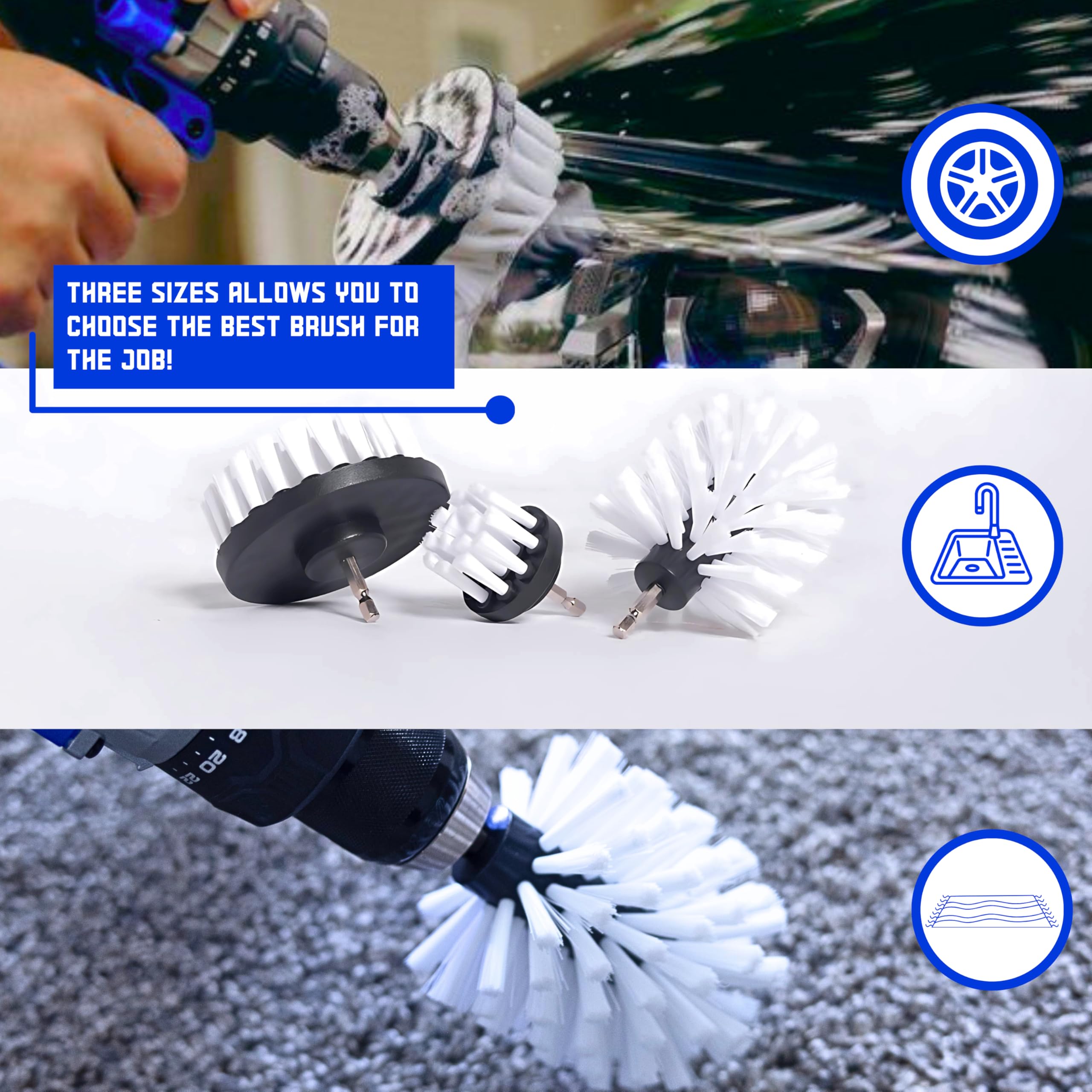 Diamond Shine 3-Pack Soft Drill Brush Attachment - Converts Drill to Electric Scrubber for Car Detailing, Carpet Cleaning, Upholstery & Glass - Perfect for Auto Detailing, Home Deep Cleaning & DIY Projects